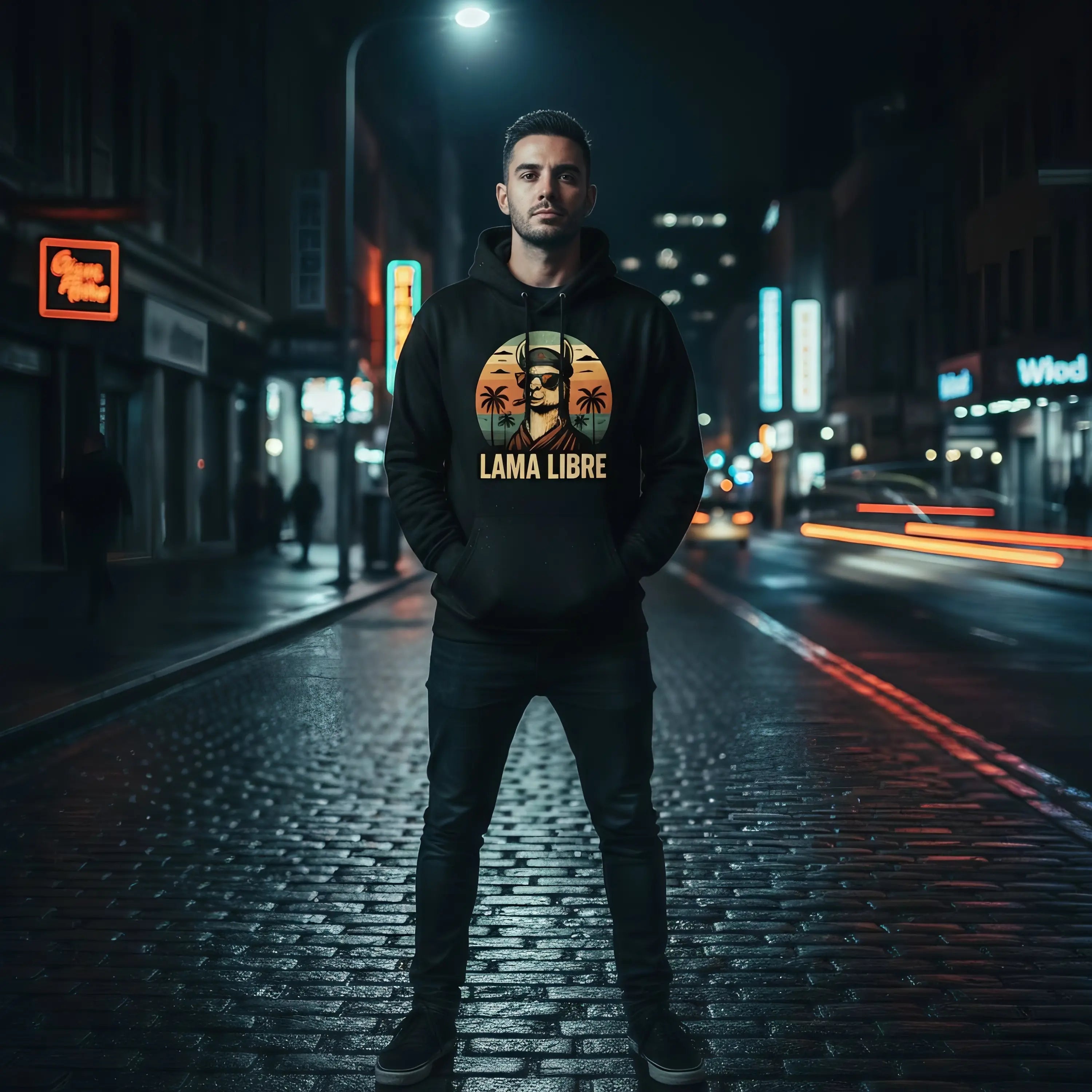 Lama Libre Hoodie getragen von einem Mann in urbaner Gasse, Statement Kleidung für Rebellen, Lamaholic