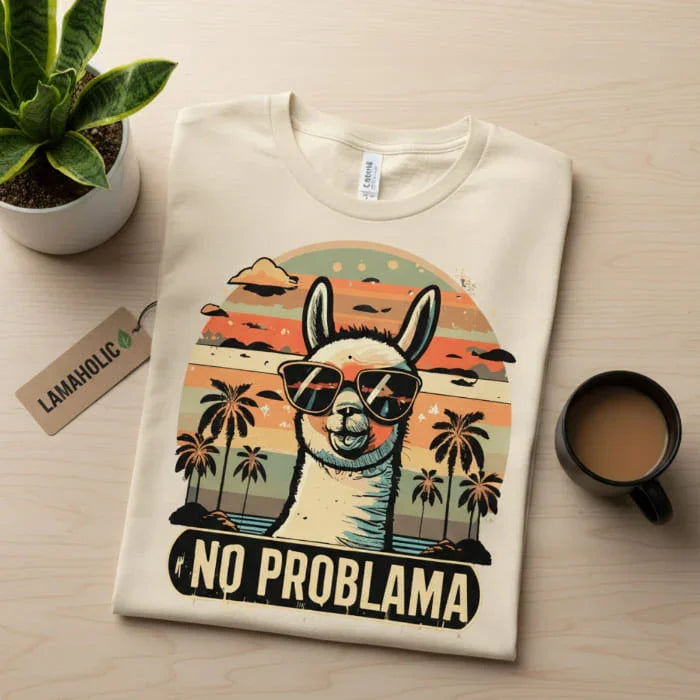 Ein stylisches, lustiges T-Shirt von Lamaholic liegt gefaltet neben einer grünen Pflanze und einer Kaffeetasse, was Stil und Nachhaltigkeit symbolisiert.