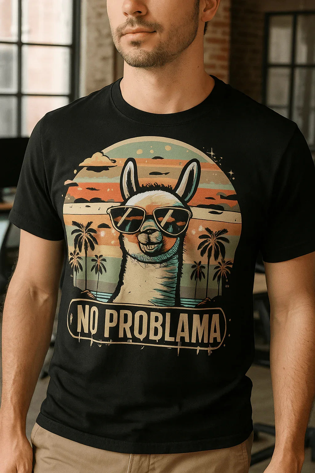 Mann trägt schwarzes No Problama T-Shirt im Büro für mehr positive Vibes 