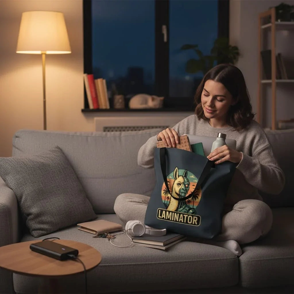 Frau sitzt entspannt auf einem grauen Sofa in ihrem Wohnzimmer und packt eine dunkle Tasche mit Lama-Design und der Aufschrift 'LAMINATOR' aus. Die gemütliche Abendszene wird von einer Stehlampe beleuchtet, Bücher und Kopfhörer liegen auf dem Couchtisch.