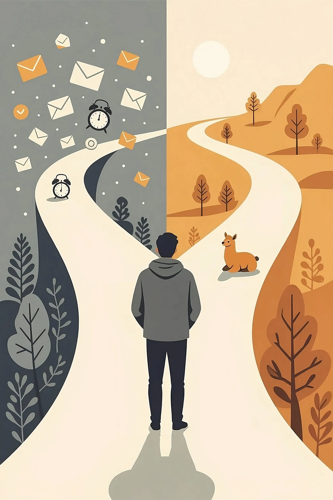 Illustration einer Person, die sich an einer Weggabelung gegen den Stress und für den ruhigen Pfad zu einem gelassenen Lama entscheidet.