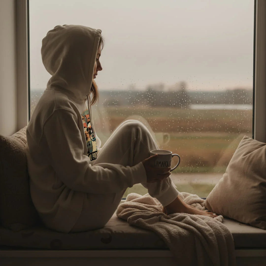 Person in einem gemütlichen, kuscheligen Hoodie findet innere Ruhe und Geborgenheit am Fenster.