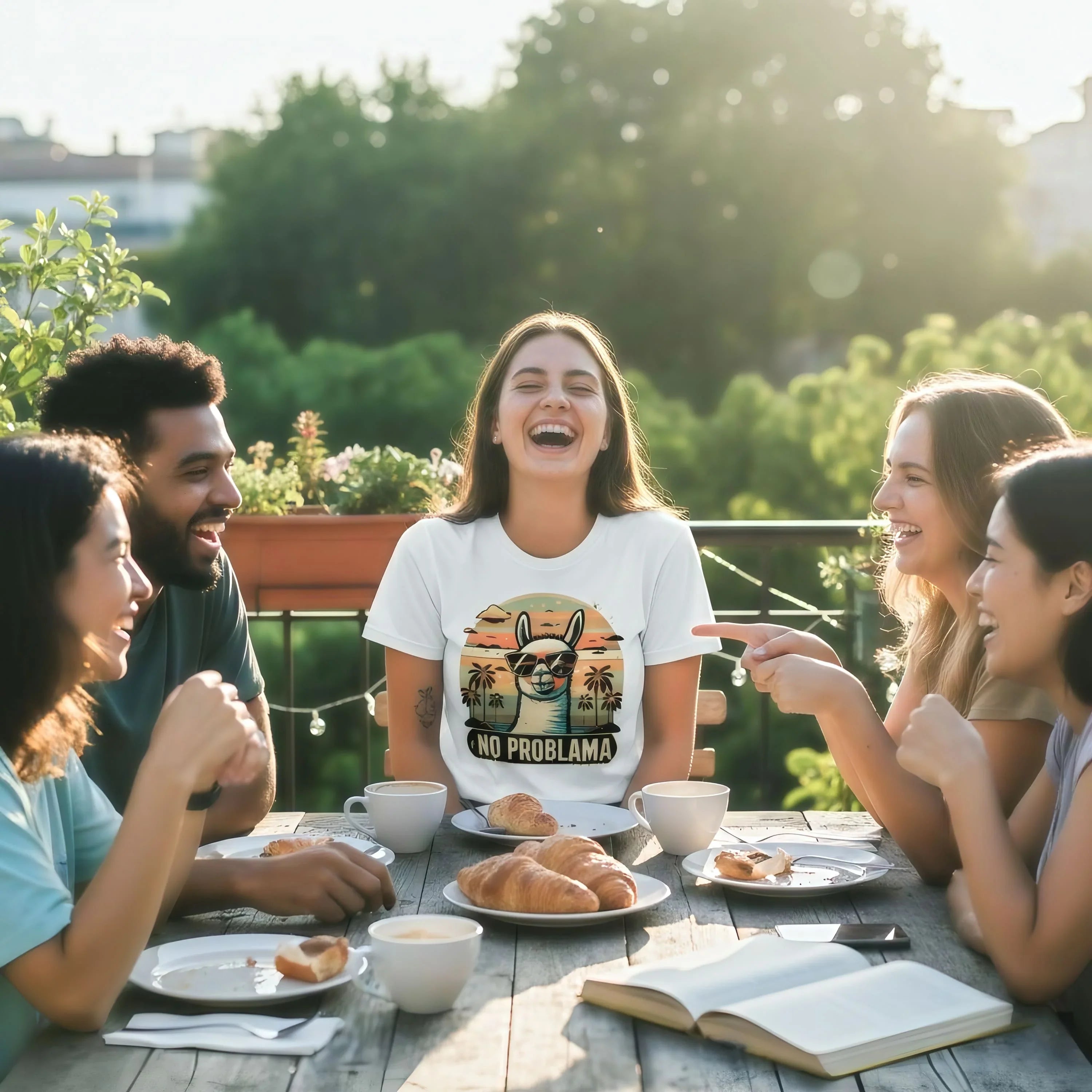 Das "No Problama" T-Shirt sorgt für gute Laune bei einem Treffen mit Freunden.