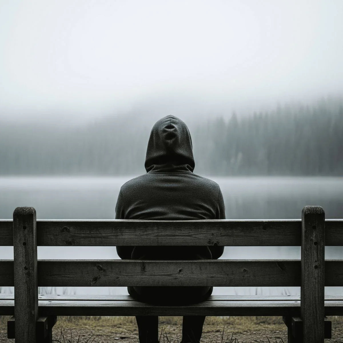 Eine Person mit aufgesetzter Kapuze eines Lamaholic-Hoodies sitzt alleine und blickt in die ruhige Natur – ein Symbol für Komfort und Rückzug.
