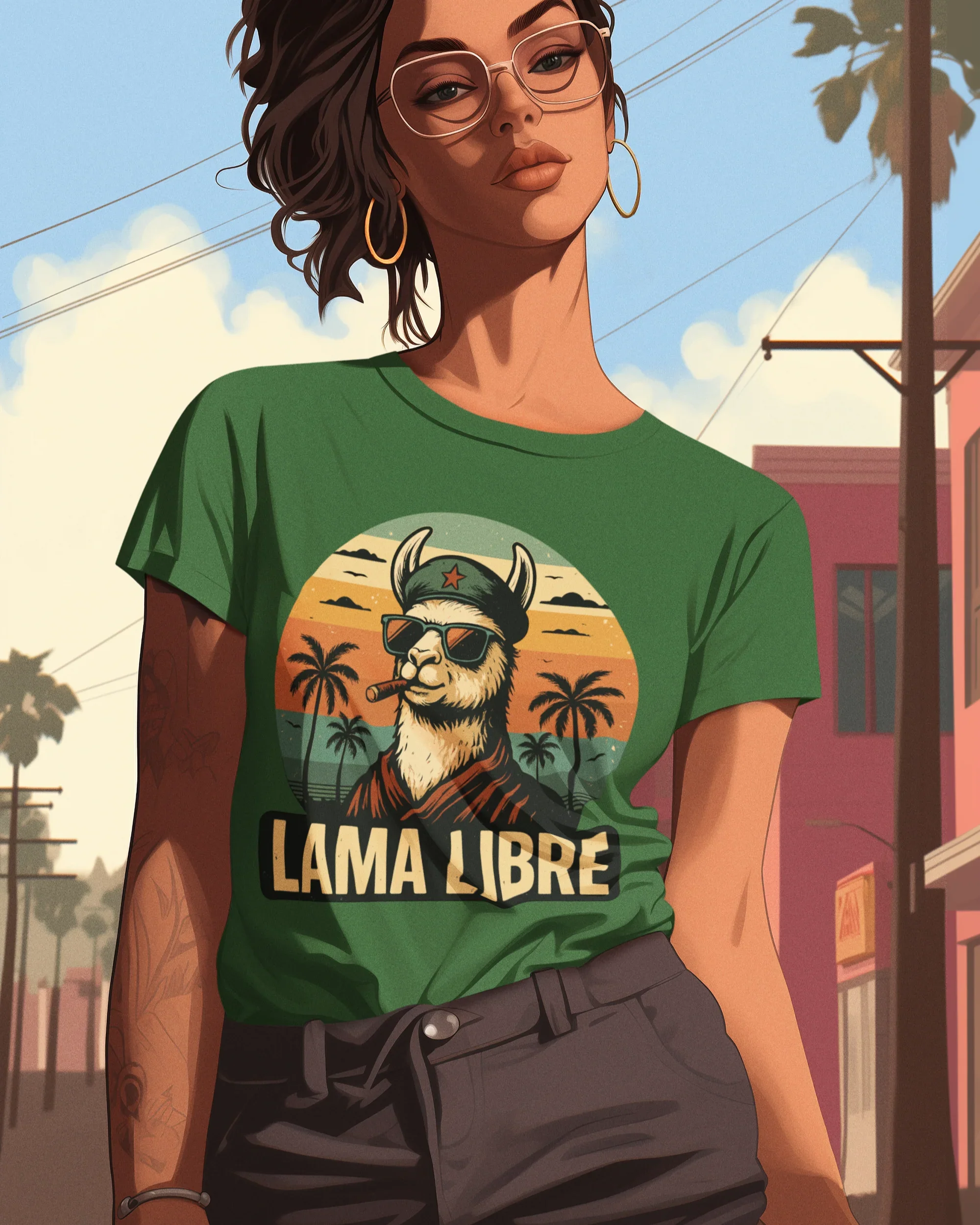 Lama Libre getragen von einer figur aus GTA weiblich produkz t-shirt grün