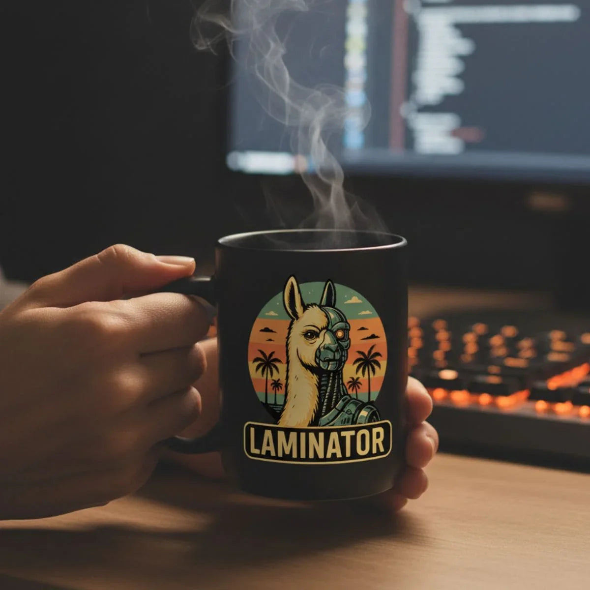 Schwarze Tasse mit lustigem "Laminator"-Lama-Motiv von Lamaholic, gehalten von einer Person vor einem Computerbildschirm mit Code.