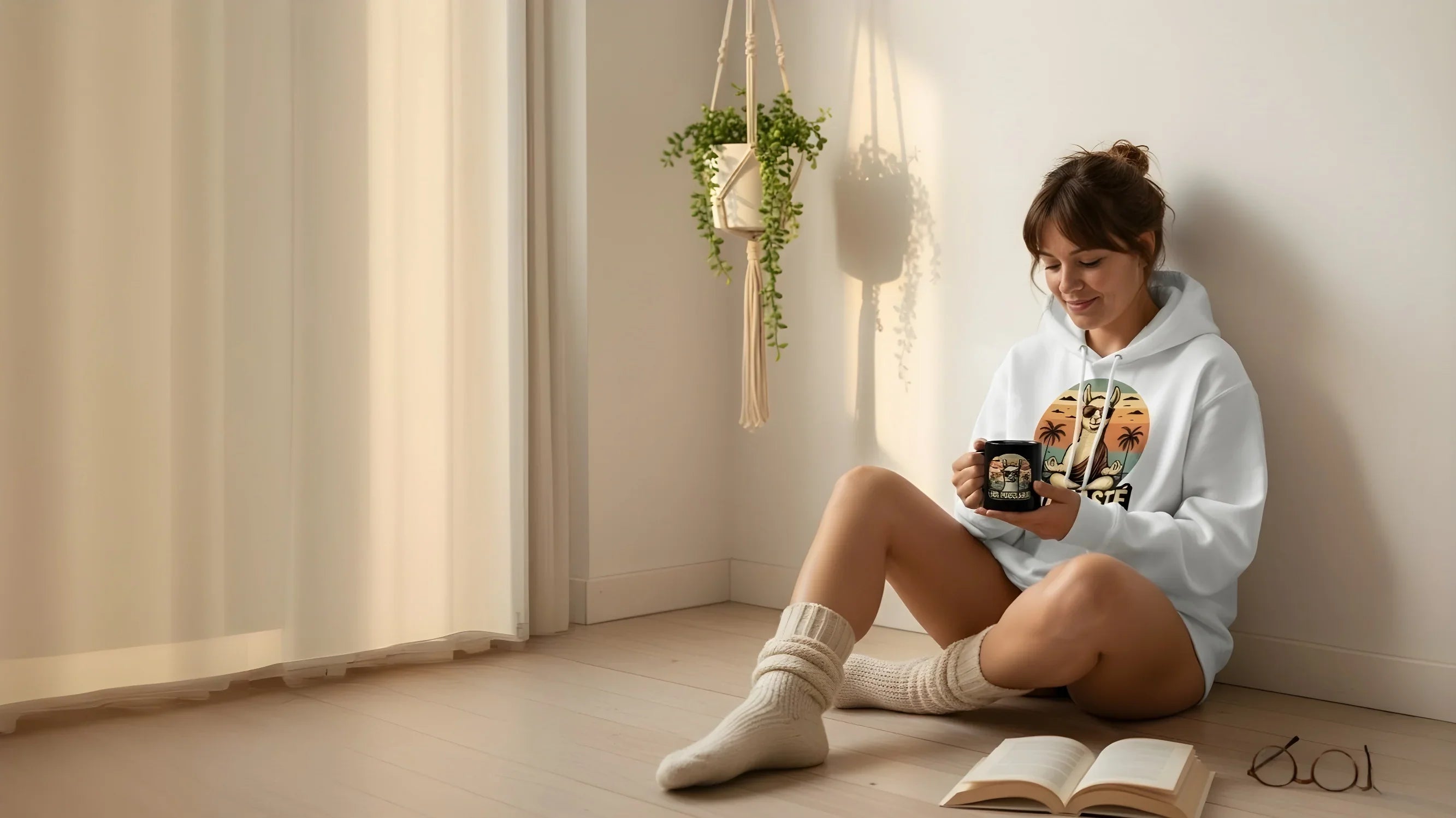 Eine Dama trägt einen Lamaste Kuschel Hoodie in weiss und zelebriert die goldene Stunde mit einem Tee aus der schwarzen no problama tasse von Lamaholic