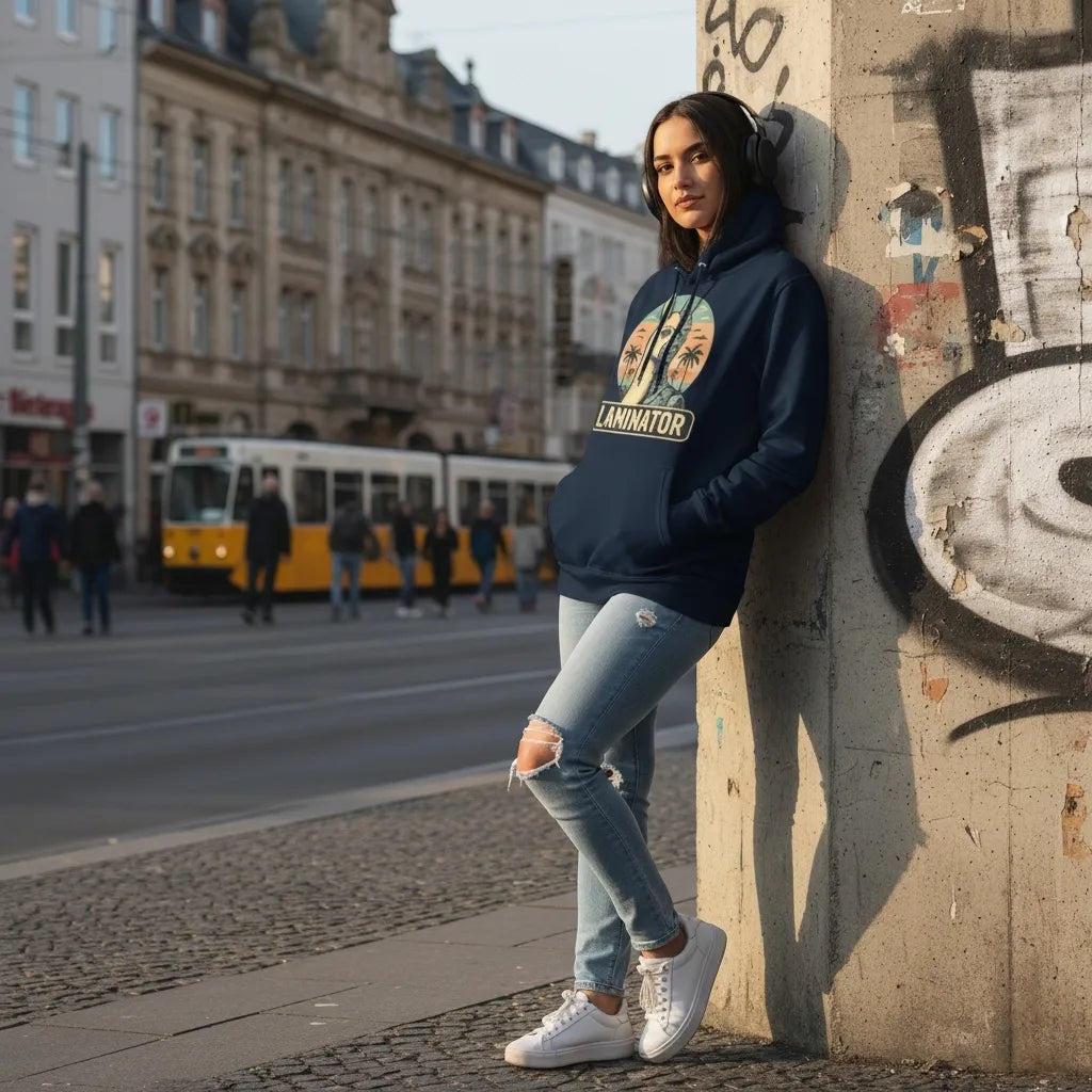 Frau in einem dunkelblauen Laminator-Hoodie lehnt lässig an einer urbanen Wand mit Graffiti, trägt Kopfhörer und blickt selbstbewusst in die Kamera, während im Hintergrund eine Stadtstraße mit einer gelben Straßenbahn zu sehen ist.