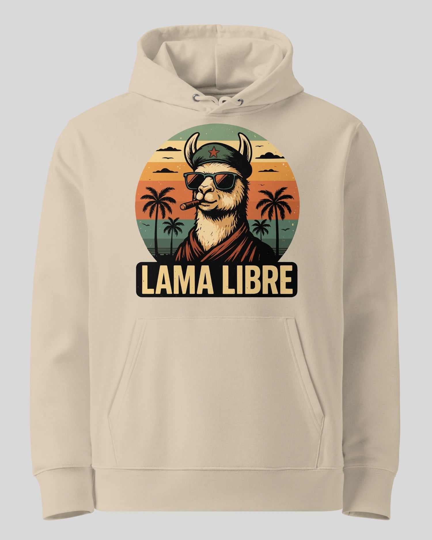 Lama Libre Statement Hoodie in Desert Dust Ghost Produktansicht. Ein bequemer Kapuzenpullover aus Bio-Baumwolle, ideal für Freigeister und als Geschenkidee.