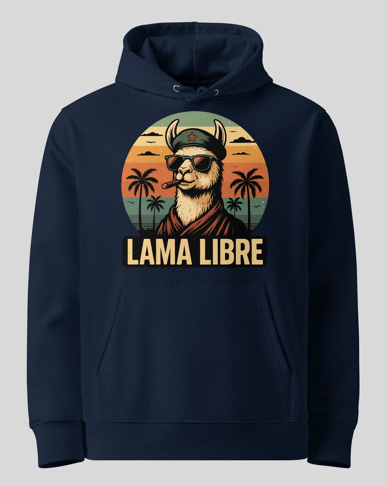 Lama Libre Statement Hoodie in French Navy Ghost Produktansicht. Ein bequemer Kapuzenpullover aus Bio-Baumwolle, ideal für Freigeister und als Geschenkidee.