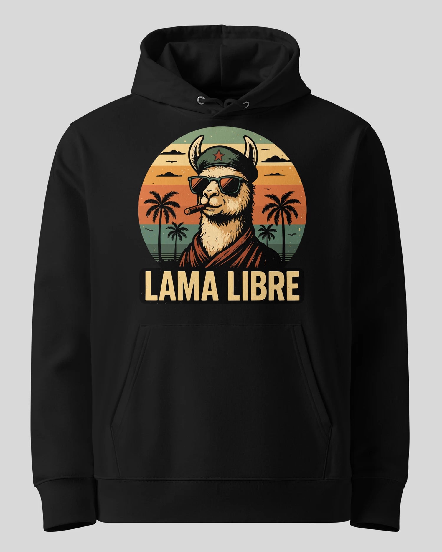 Lama Libre Statement Hoodie in Schwarz Ghost Produktansicht. Ein bequemer Kapuzenpullover für Herren aus Bio-Baumwolle, ideal für Freigeister und als Geschenkidee.