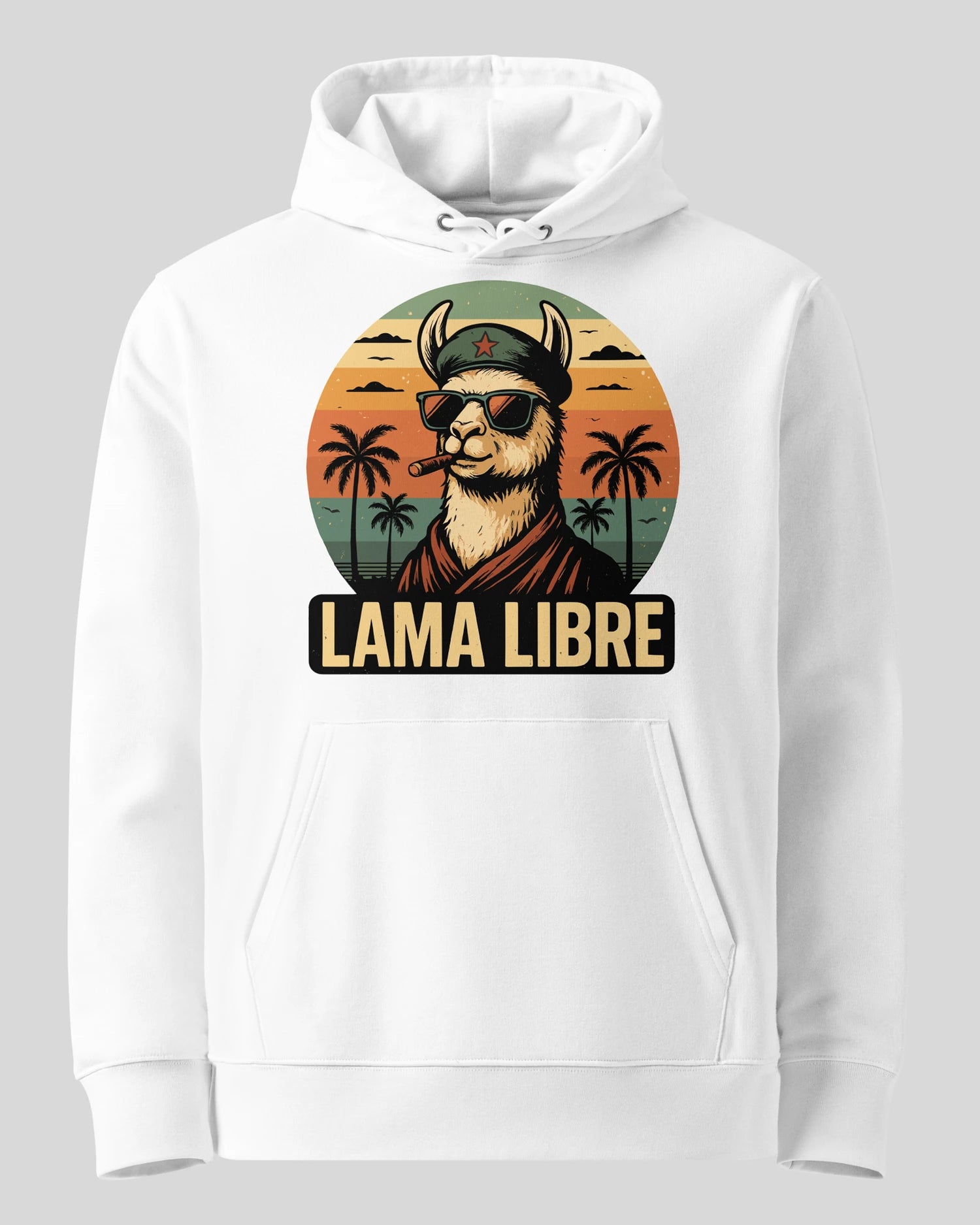 Lama Libre Statement Hoodie in Weiß Ghost Produktansicht. Ein bequemer Kapuzenpullover aus Bio-Baumwolle, ideal für Freigeister und als Geschenkidee.