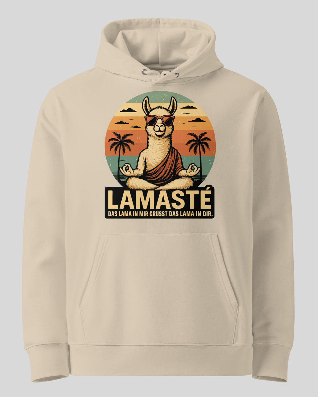 Lamaste Hoodie in Desert-dust, auf einem Ghost-Modell für eine klare Produktpräsentation. Spiritueller Yoga Hoodie Lamas...