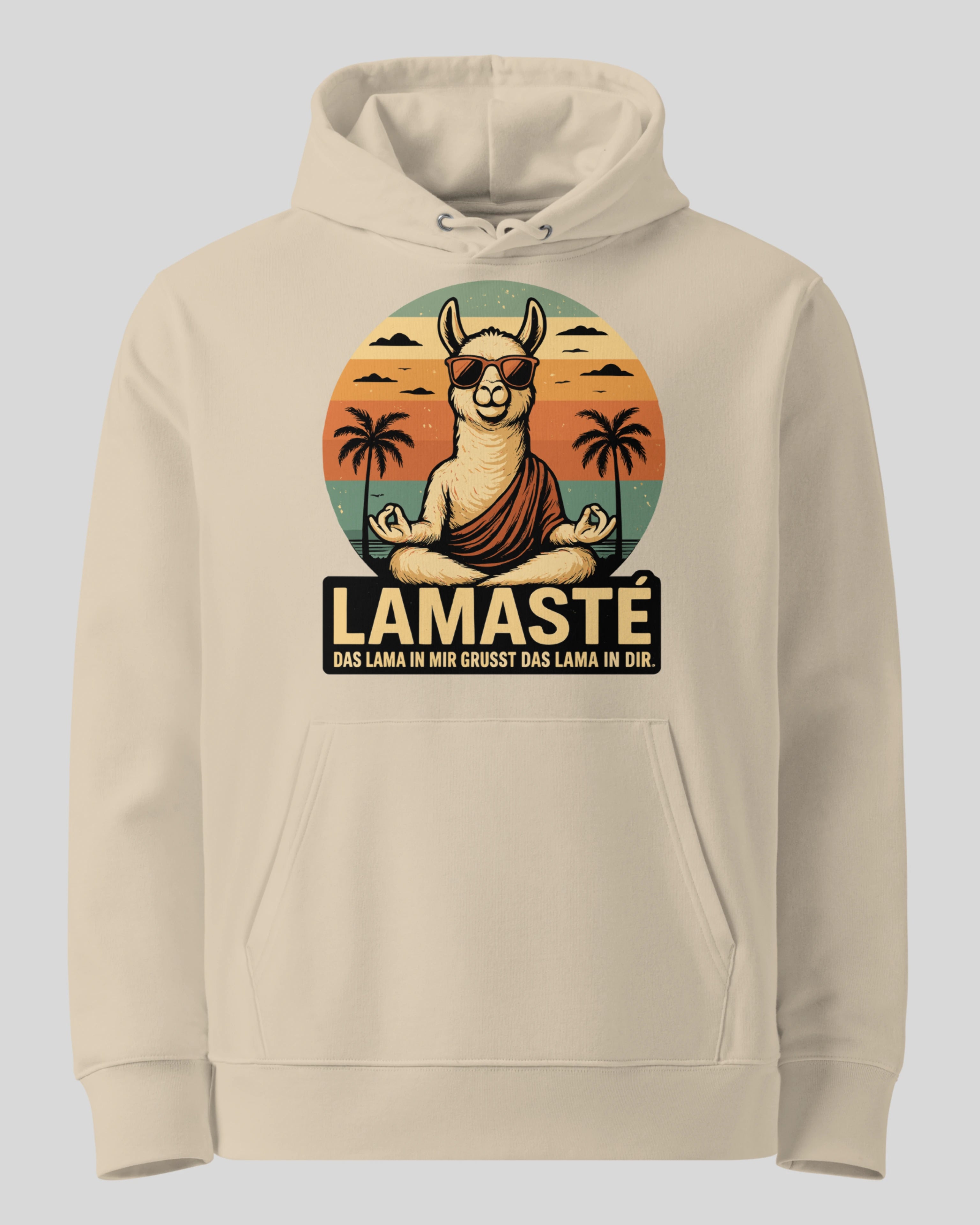 Lamaste Hoodie in Desert-dust, auf einem Ghost-Modell für eine klare Produktpräsentation. Spiritueller Yoga Hoodie Lamas...