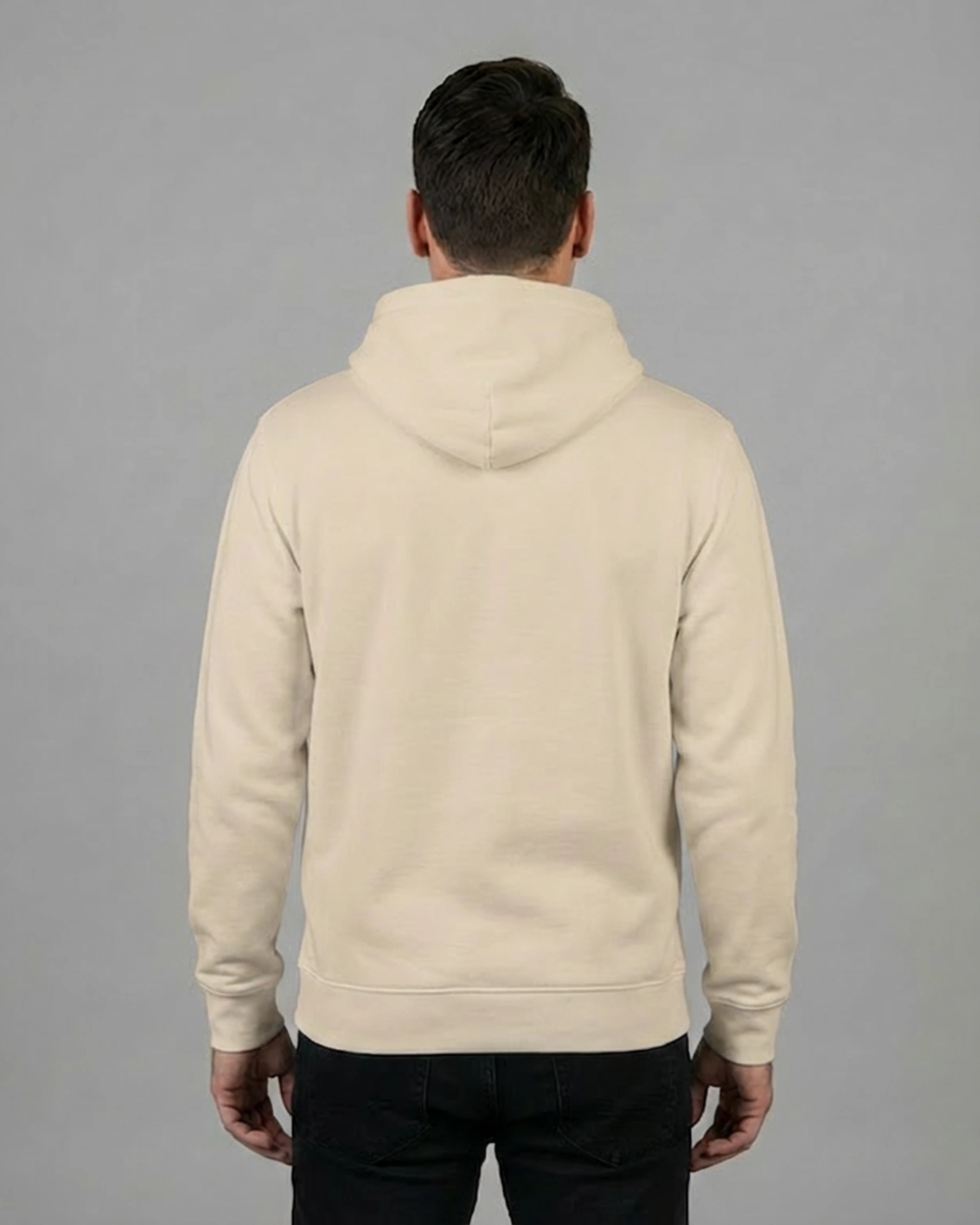 Lamaste Hoodie in Desert-dust, für Herren in Rückenansicht. gemütlicher Hoodie, Zen Hoodie, Lama Design.