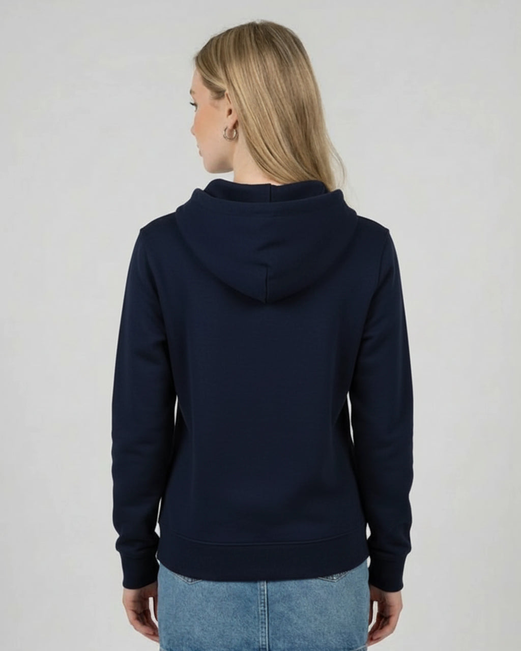 Lamaste Hoodie in French-Navy, für Damen in Rückenansicht. Bio-Baumwolle Hoodie, Yoga Bekleidung, Yoga Lama Print.