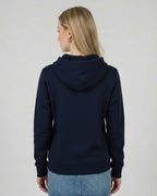 Lamaste Hoodie in French-Navy, für Damen in Rückenansicht. Bio-Baumwolle Hoodie, Yoga Bekleidung, Yoga Lama Print.