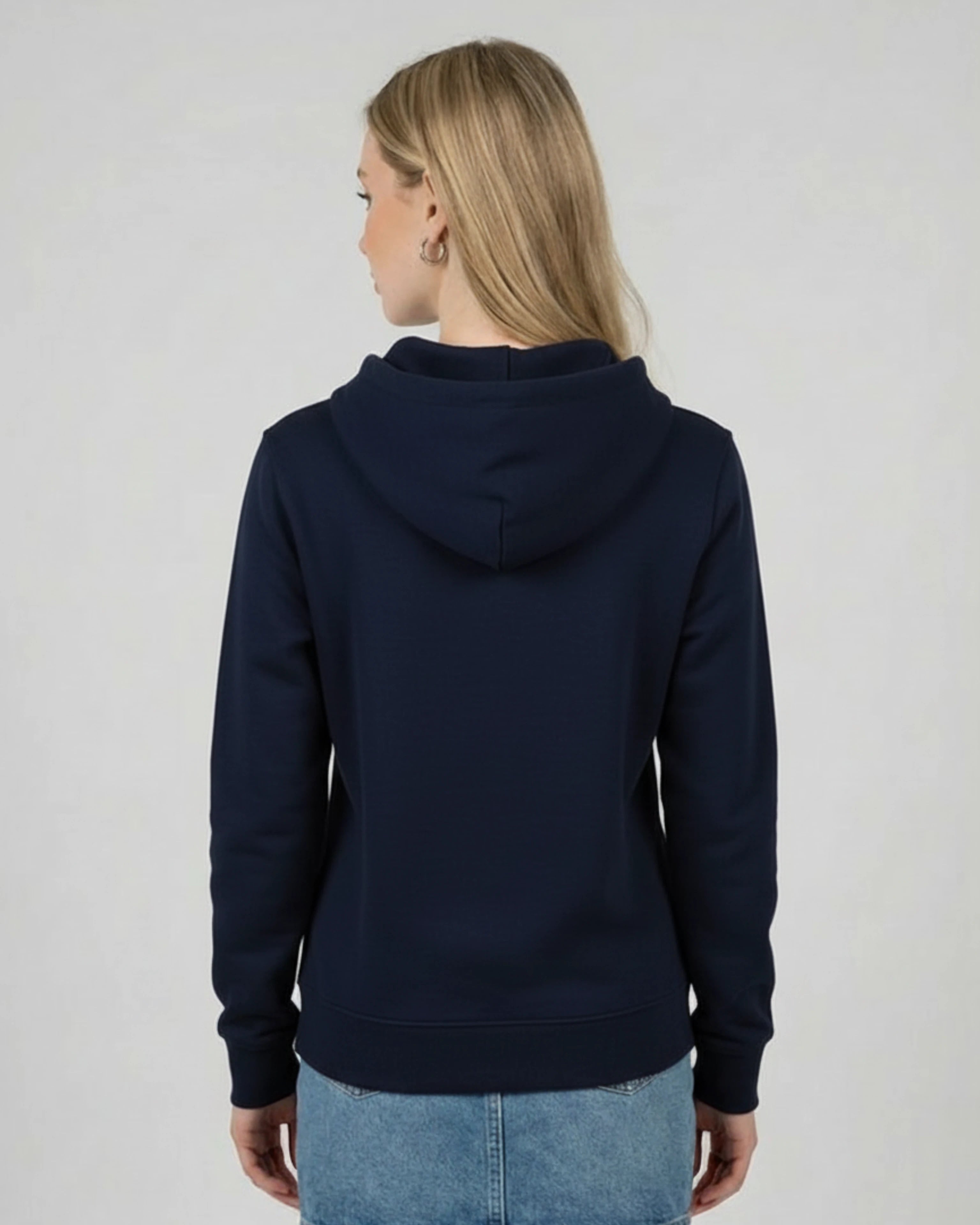 Lamaste Hoodie in French-Navy, für Damen in Rückenansicht. Bio-Baumwolle Hoodie, Yoga Bekleidung, Yoga Lama Print.