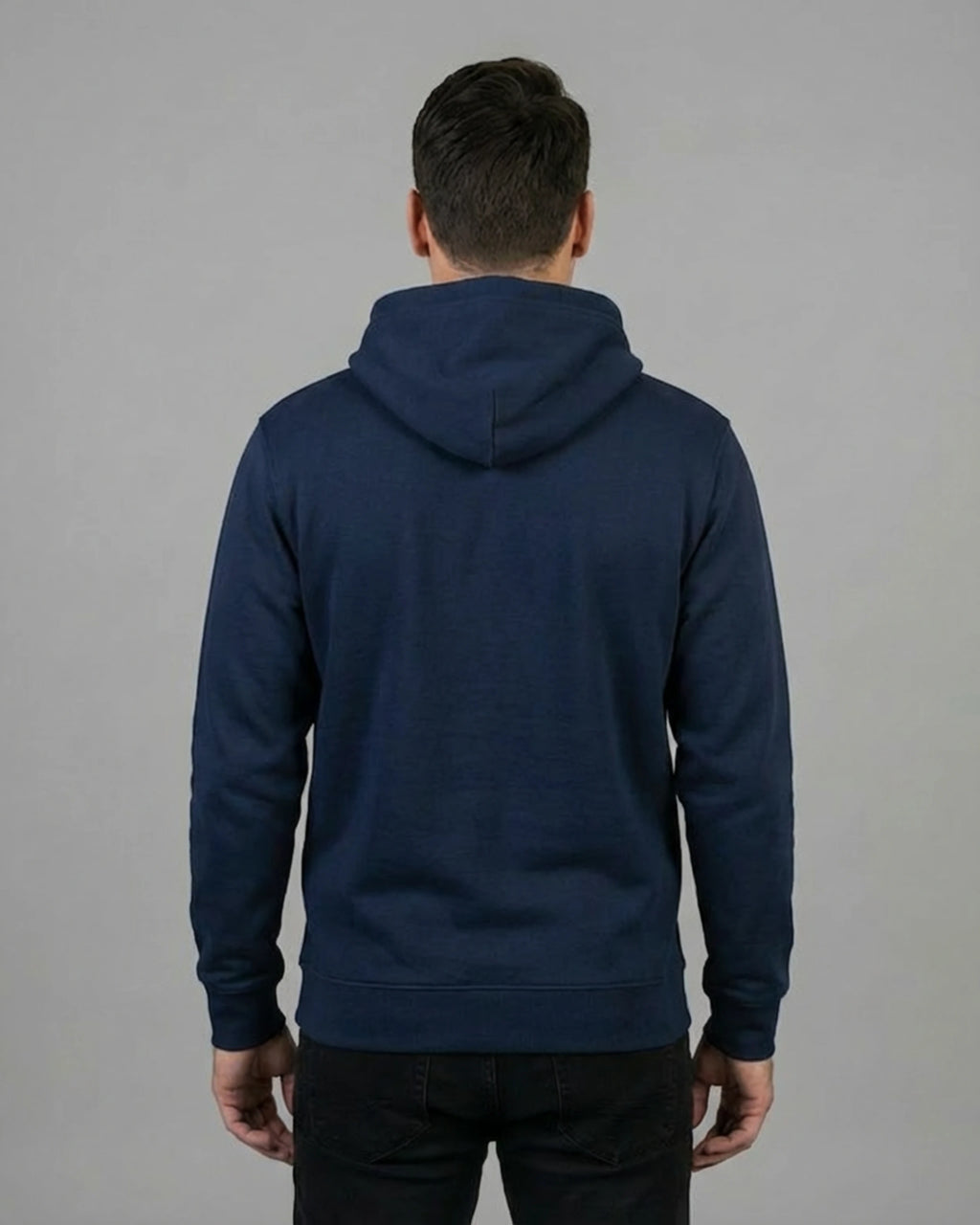 Lamaste Hoodie in French-Navy, für Herren in Rückenansicht. gemütlicher Hoodie, Achtsamkeit Hoodie, Zen Lama Grafik.