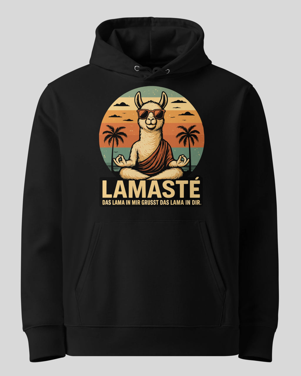 Lamaste Hoodie in Schwarz, auf einem Ghost-Modell für eine klare Produktpräsentation. Spiritueller Yoga Hoodie Lamasté, ...