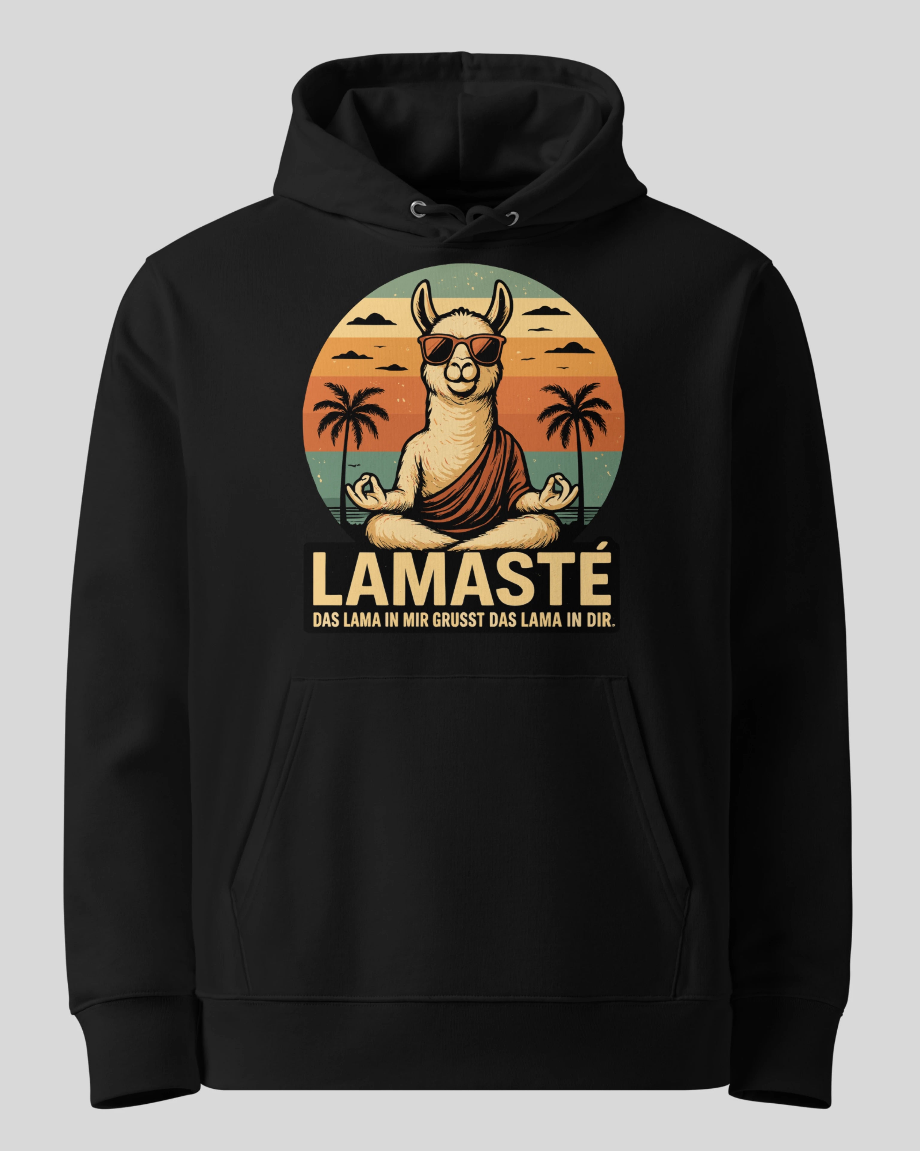 Lamaste Hoodie in Schwarz, auf einem Ghost-Modell für eine klare Produktpräsentation. Spiritueller Yoga Hoodie Lamasté, ...
