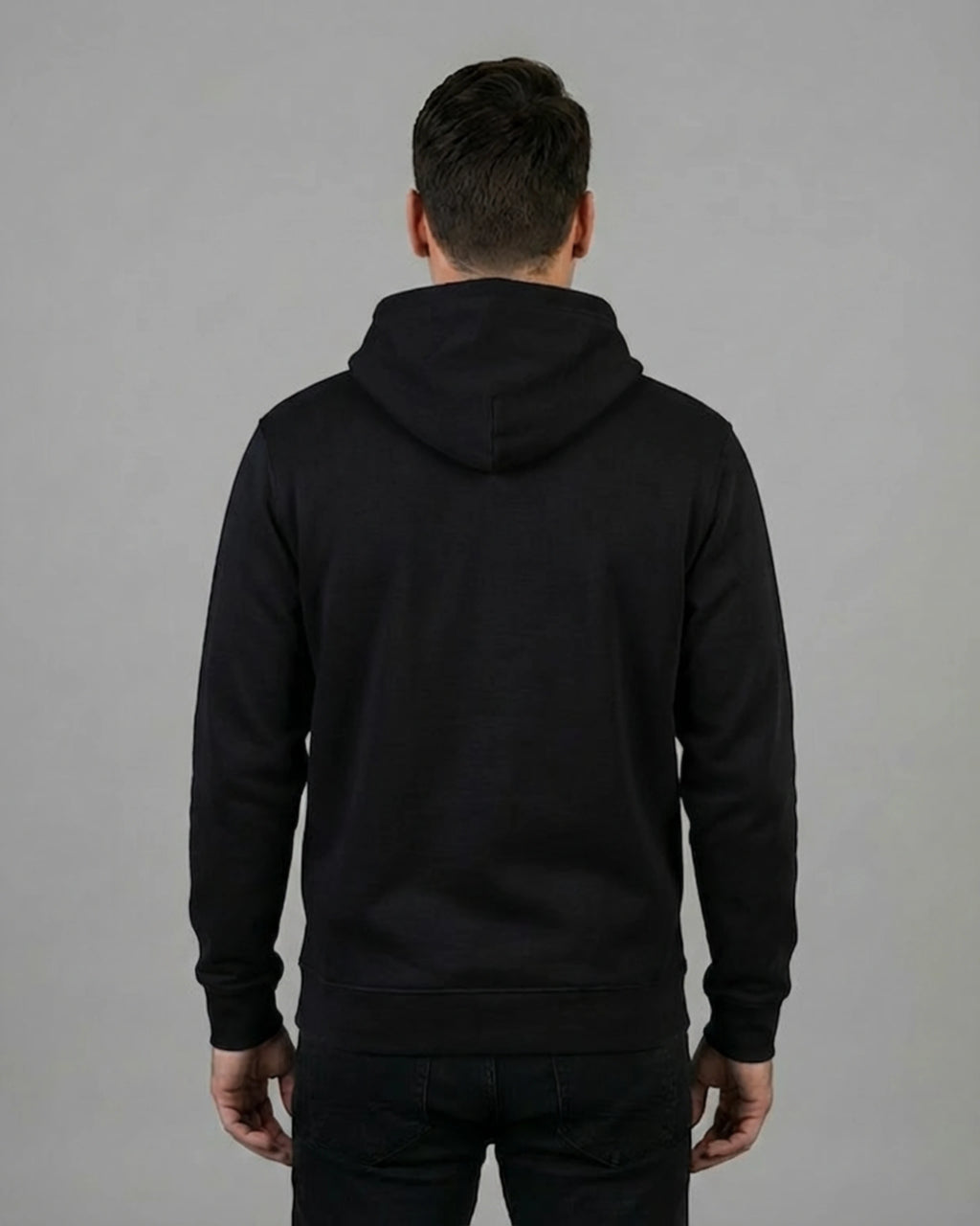 Lamaste Hoodie in Schwarz, für Herren in Rückenansicht. Meditations Hoodie, Lama Hoodie, Ommm Lama.