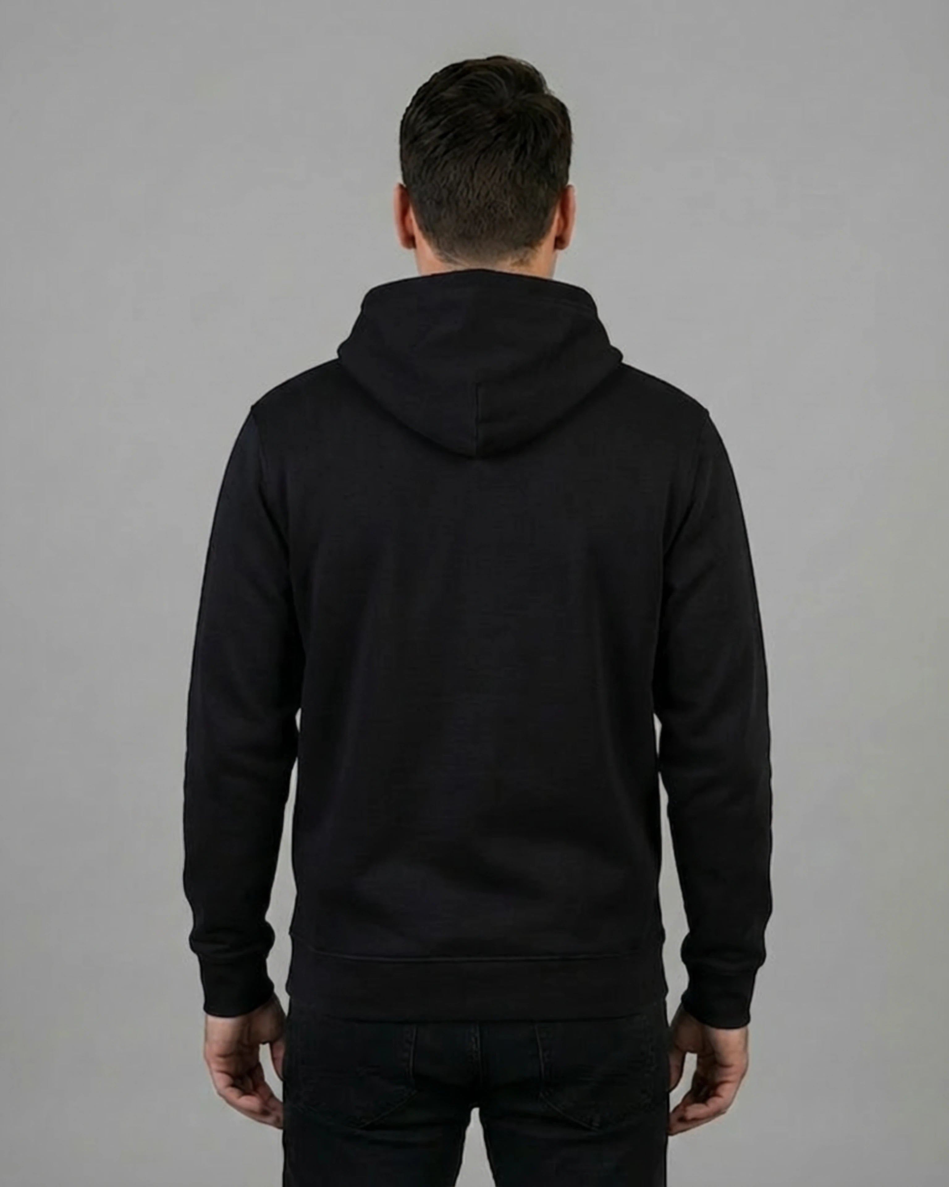 Lamaste Hoodie in Schwarz, für Herren in Rückenansicht. Meditations Hoodie, Lama Hoodie, Ommm Lama.