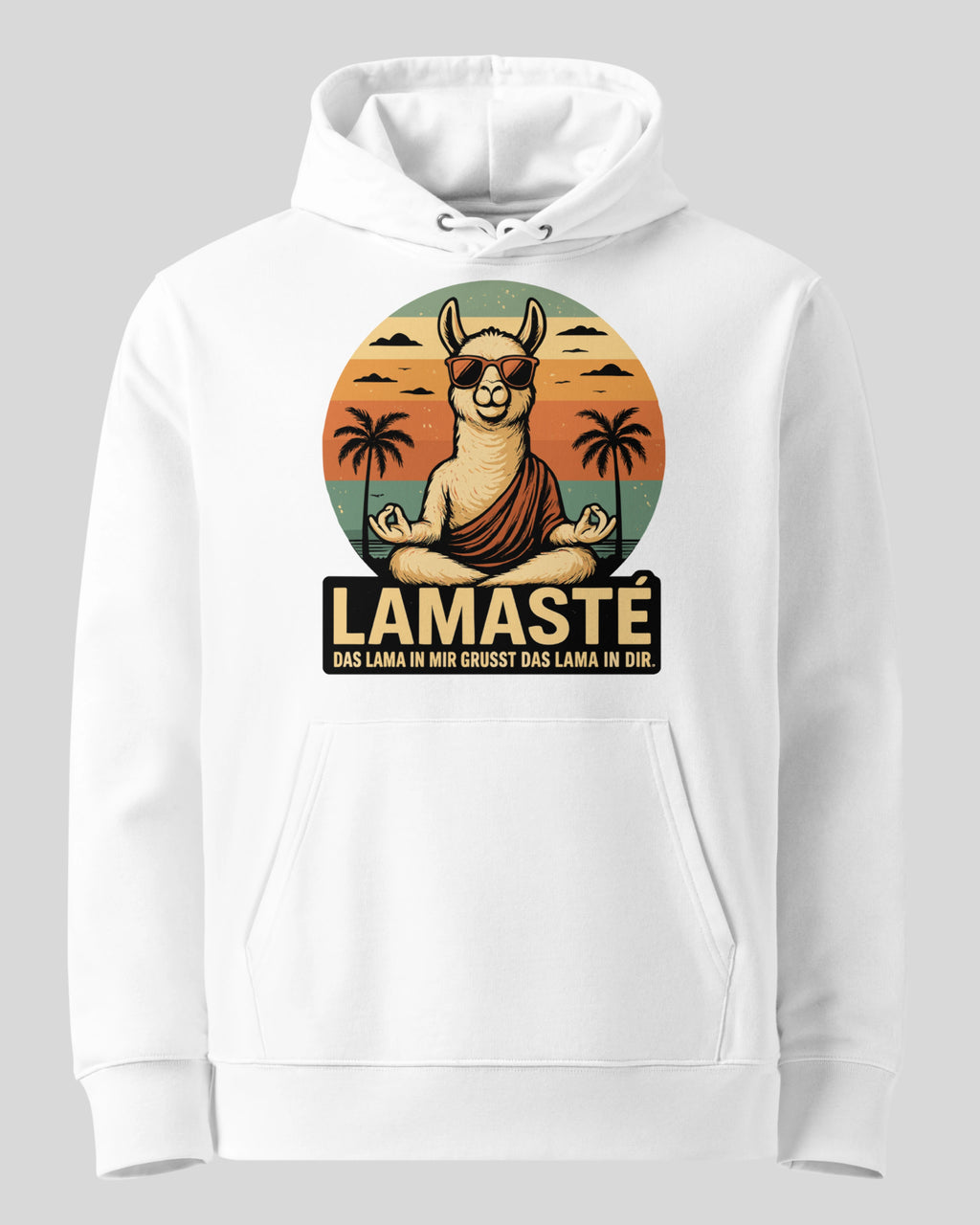Lamaste Hoodie in Weiss, auf einem Ghost-Modell für eine klare Produktpräsentation. Bio-Baumwolle Hoodie, Lama Hoodie, G...