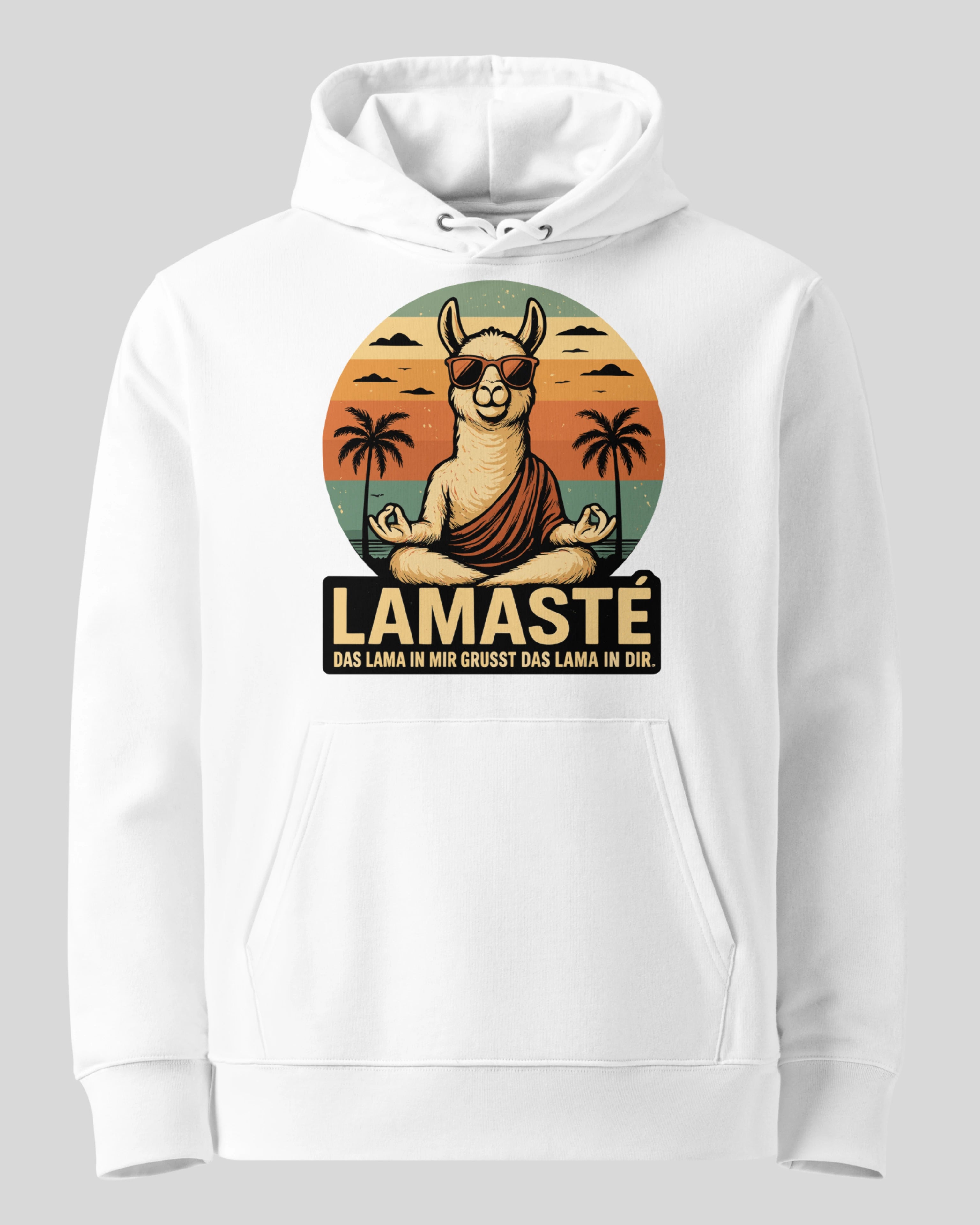 Lamaste Hoodie in Weiss, auf einem Ghost-Modell für eine klare Produktpräsentation. Bio-Baumwolle Hoodie, Lama Hoodie, G...
