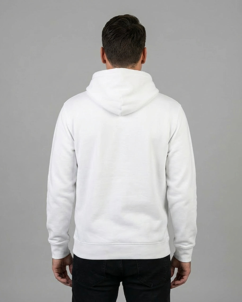 Lamaste Hoodie in Weiss, für Herren in Rückenansicht. Zen Hoodie, Yoga Bekleidung, Lama Design.