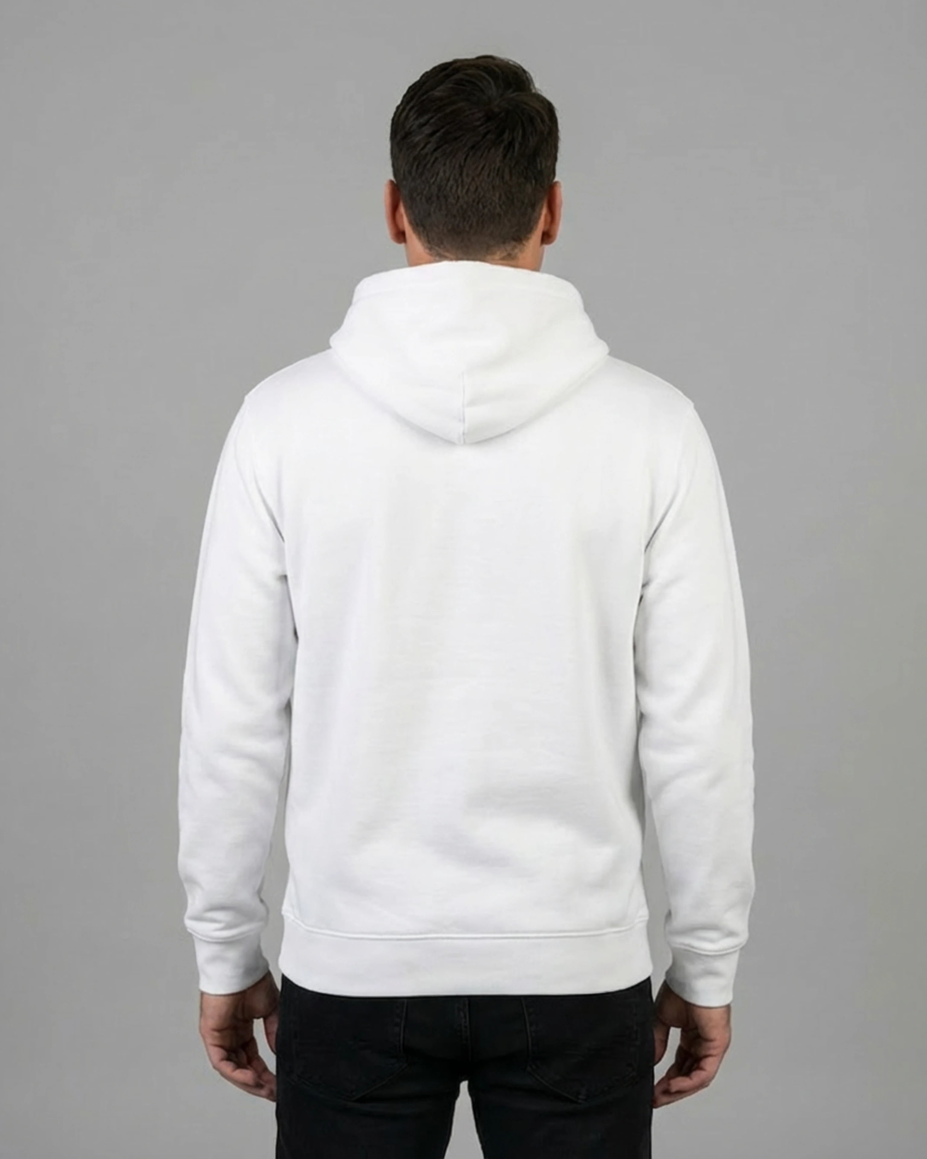 Lamaste Hoodie in Weiss, für Herren in Rückenansicht. Zen Hoodie, Yoga Bekleidung, Lama Design.