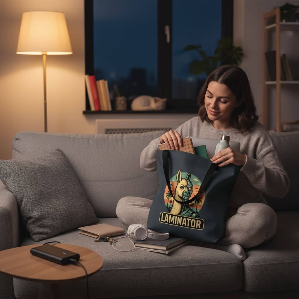 Frau sitzt entspannt auf einem grauen Sofa in ihrem Wohnzimmer und packt eine dunkle Tasche mit Lama-Design und der Aufschrift 'LAMINATOR' aus. Die gemütliche Abendszene wird von einer Stehlampe beleuchtet, Bücher und Kopfhörer liegen auf dem Couchtisch