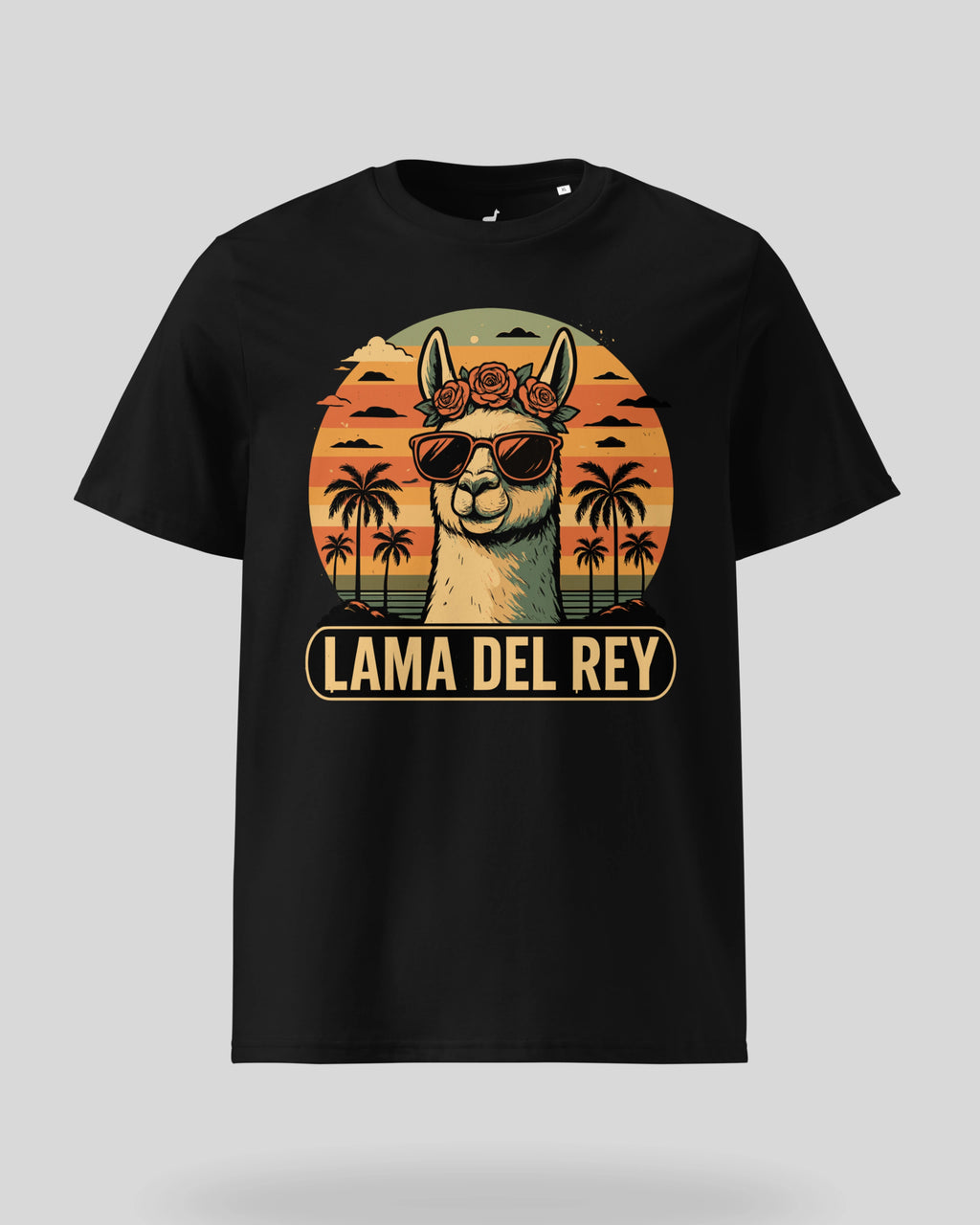 Lama Del Rey T-Shirt in Schwarz Ghost Produktansicht. Einzigartiges Design aus 100% Bio-Baumwolle, perfekt für Lama-Fans.