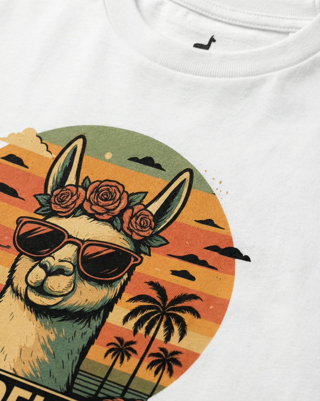 Lama Del Rey T-Shirt in Weiß Detailansicht Druck. Detailaufnahme des poetischen Lama-Motivs.