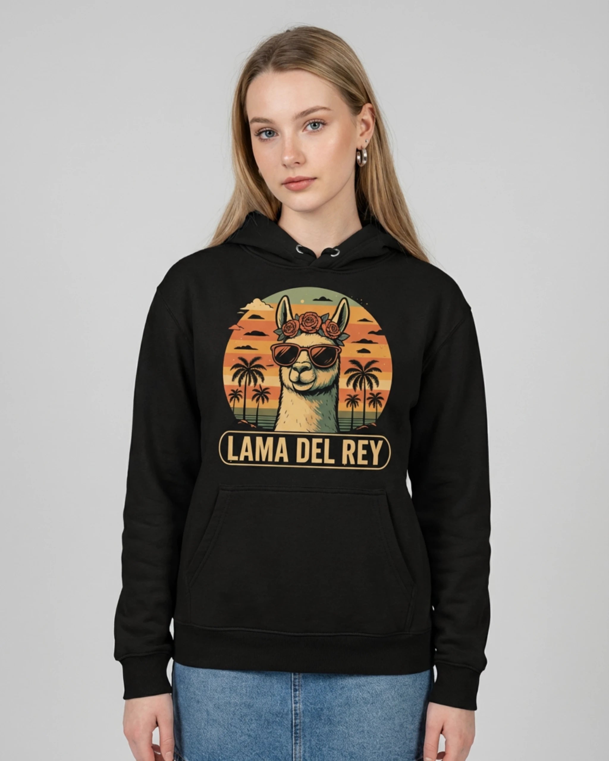 Lama Del Rey Hoodie in klassischem Schwarz für Damen Frontalansicht - Lustiges Lama Motiv