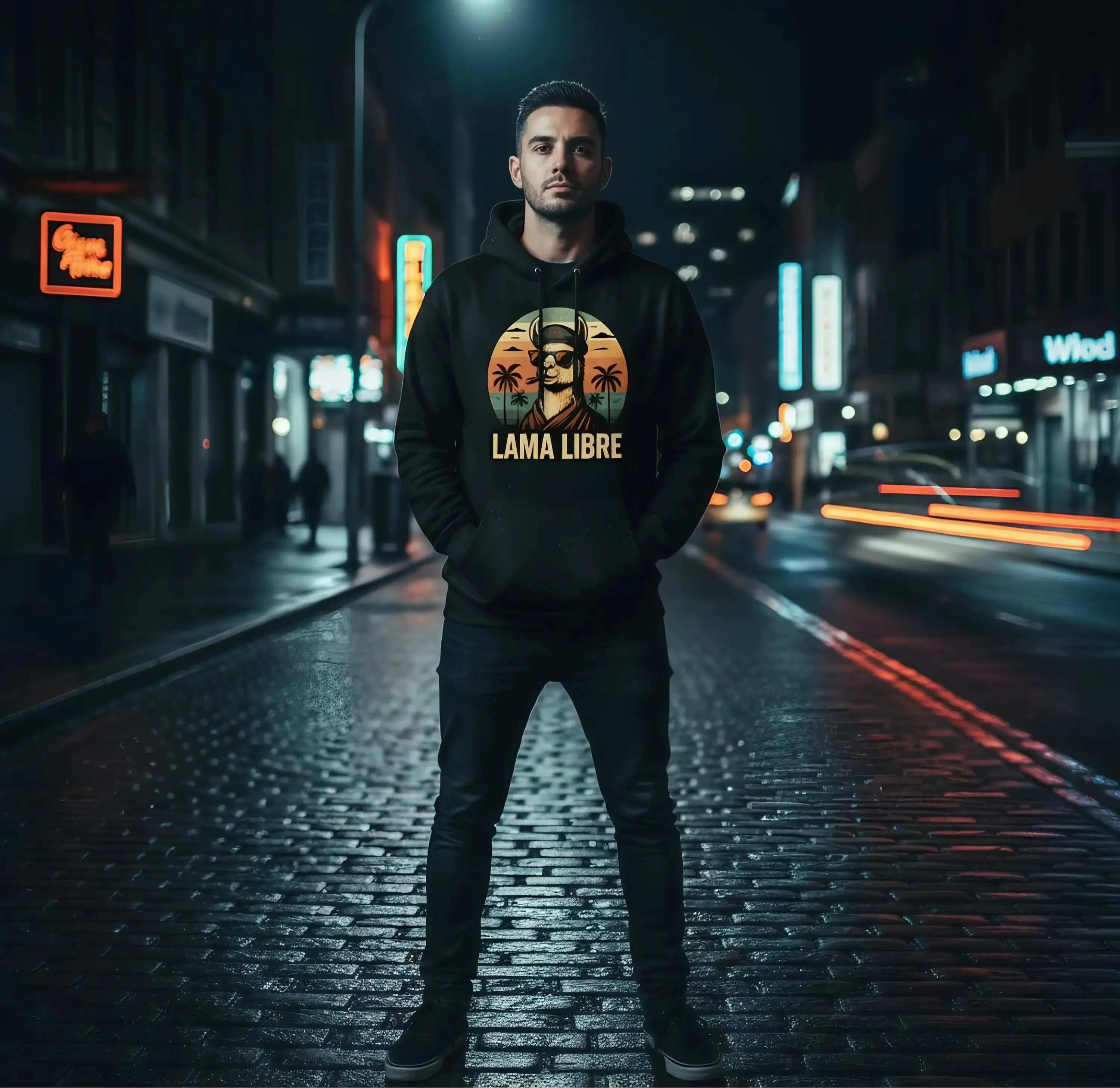 Lama Libre Hoodie getragen von einem Mann in urbaner Gasse, Statement Kleidung für Rebellen, Lamaholic