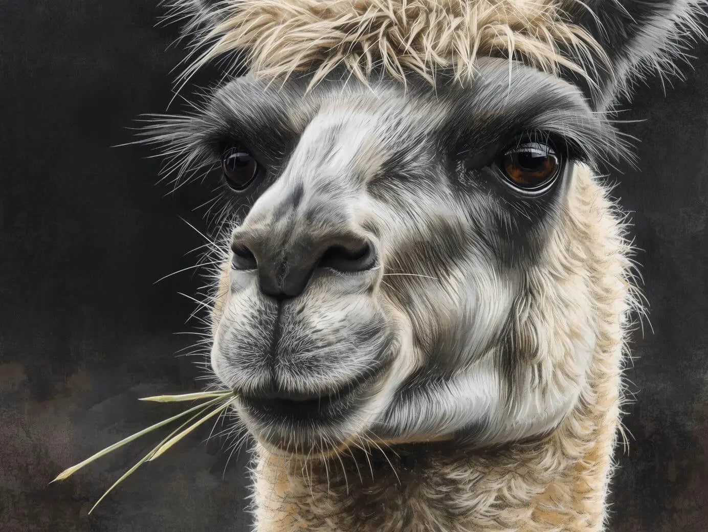 Hyperrealistisches Porträt eines weisen Lamas mit tiefen, wissenden Augen, das mit einem Grashalm im Mund direkt in die Kamera blickt.