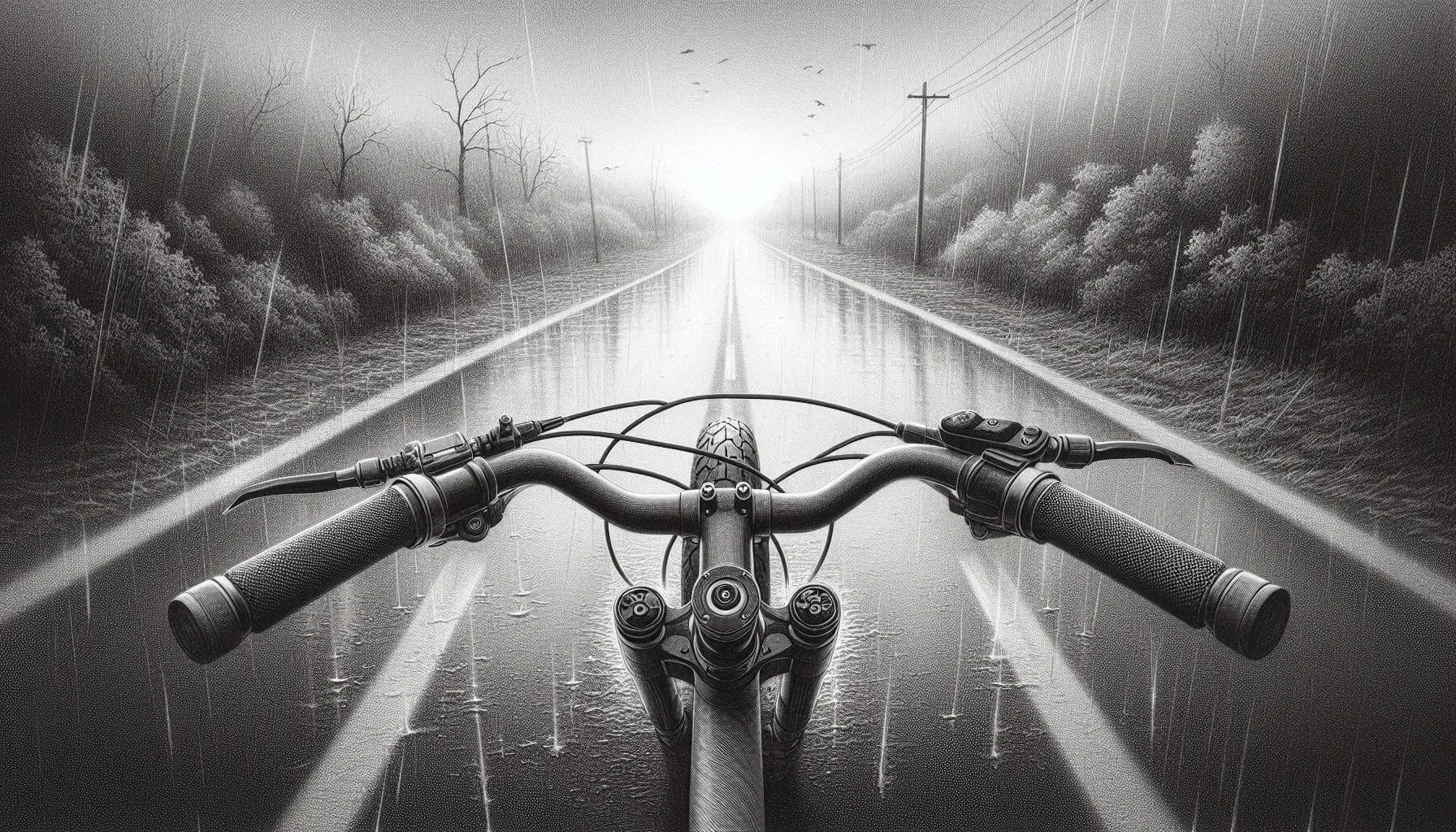 Fahrt aus der Ich-Perspektive mit einem E-Bike auf einer nassen, nebligen Straße, symbolisiert die Flucht vor dem Alltags-Stress.