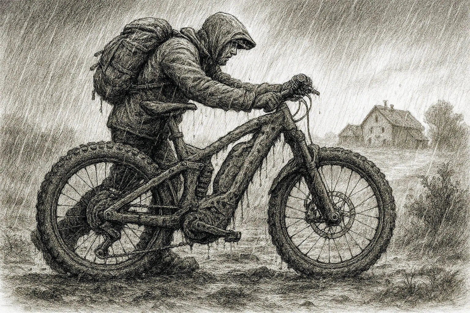 Eine Person in regennasser Kleidung schiebt entkräftet ein schlammiges E-Bike durch eine trostlose Landschaft, der Akku ist leer.