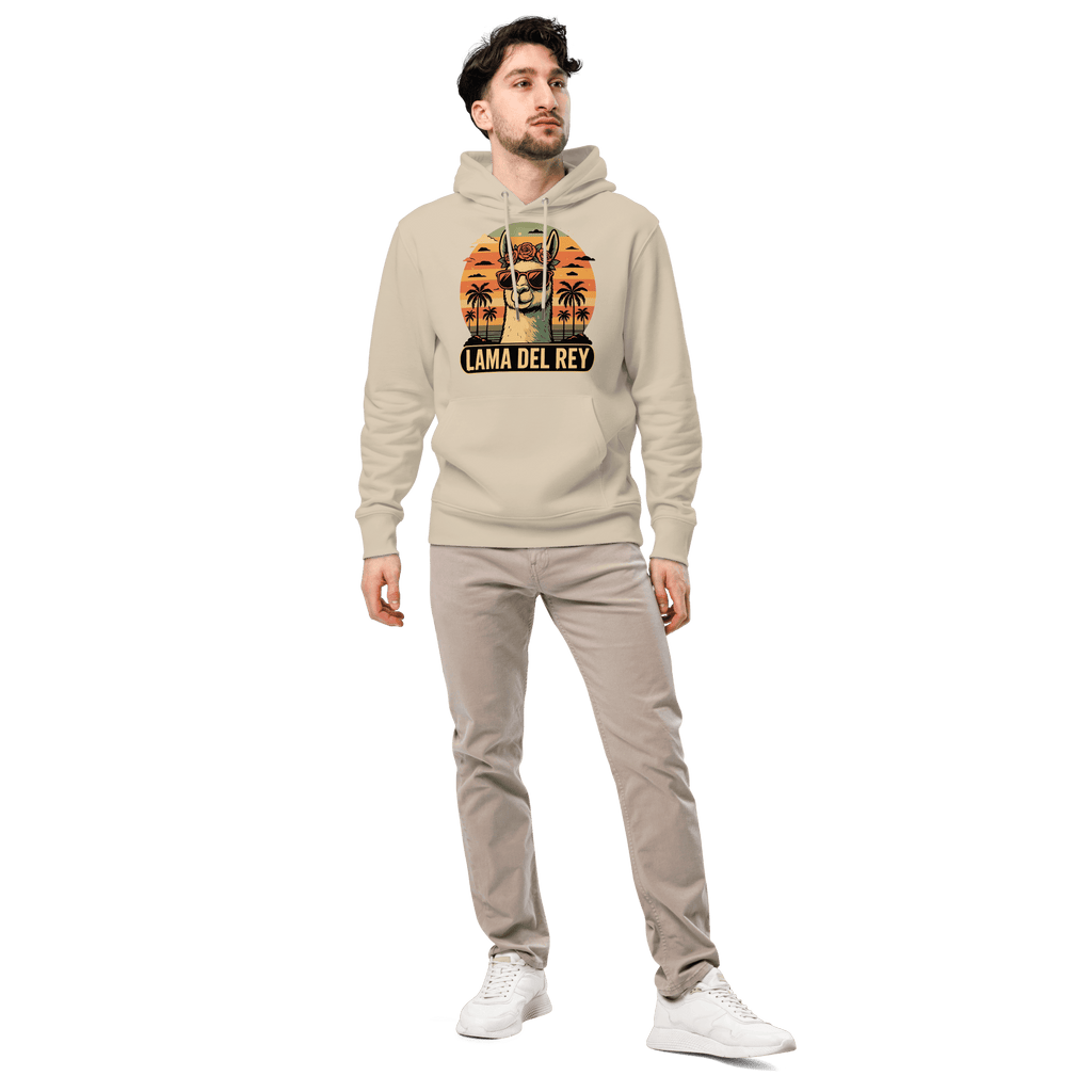 Mann trägt den coolen Lama Del Rey Hoodie in Desert Dust im Profil.
