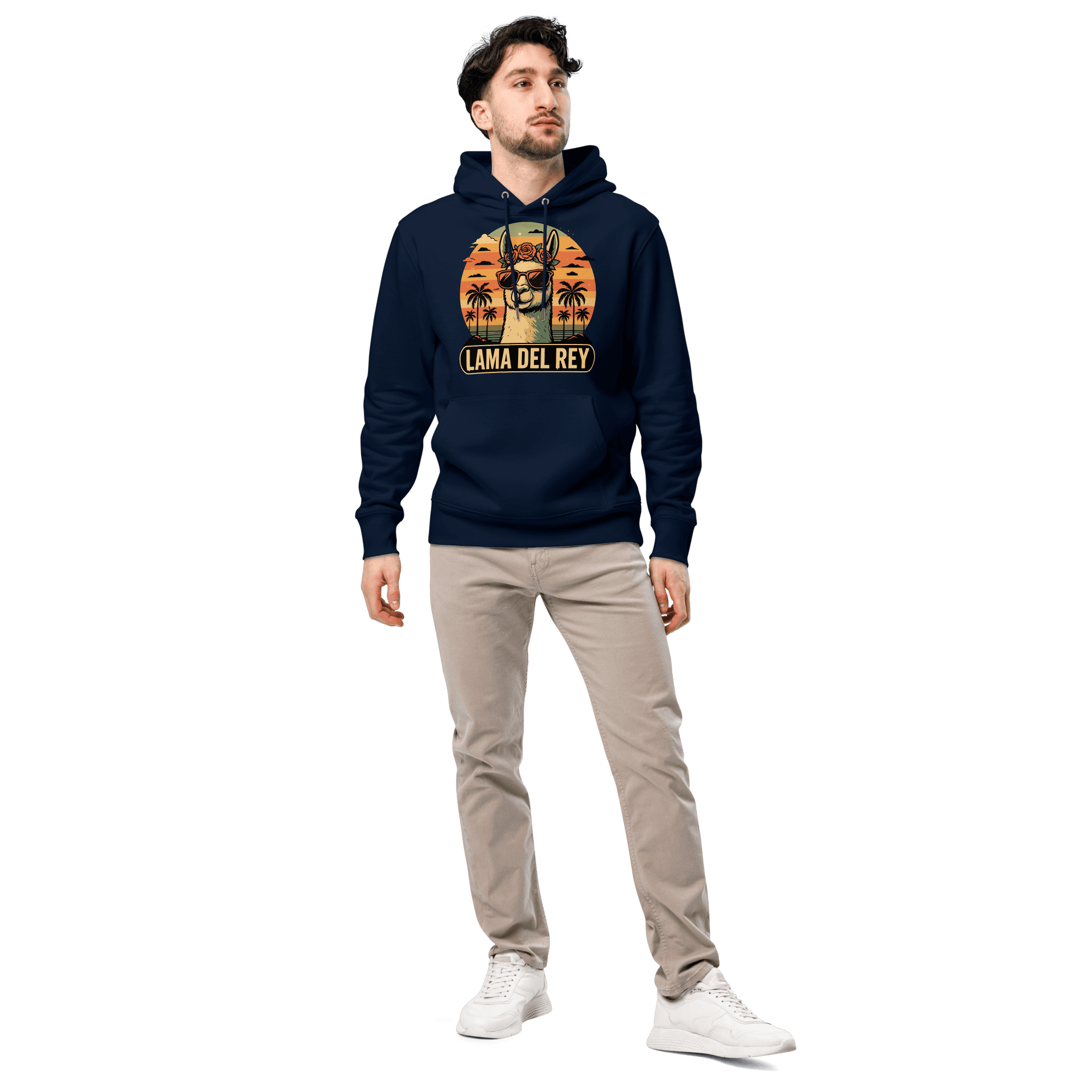 Mann trägt den coolen Lama Del Rey Hoodie in French Navy im Profil.