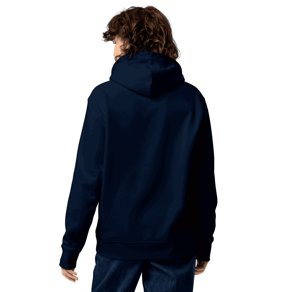 Rückseite des Lama Del Rey Hoodies in French Navy, getragen von einer Frau.