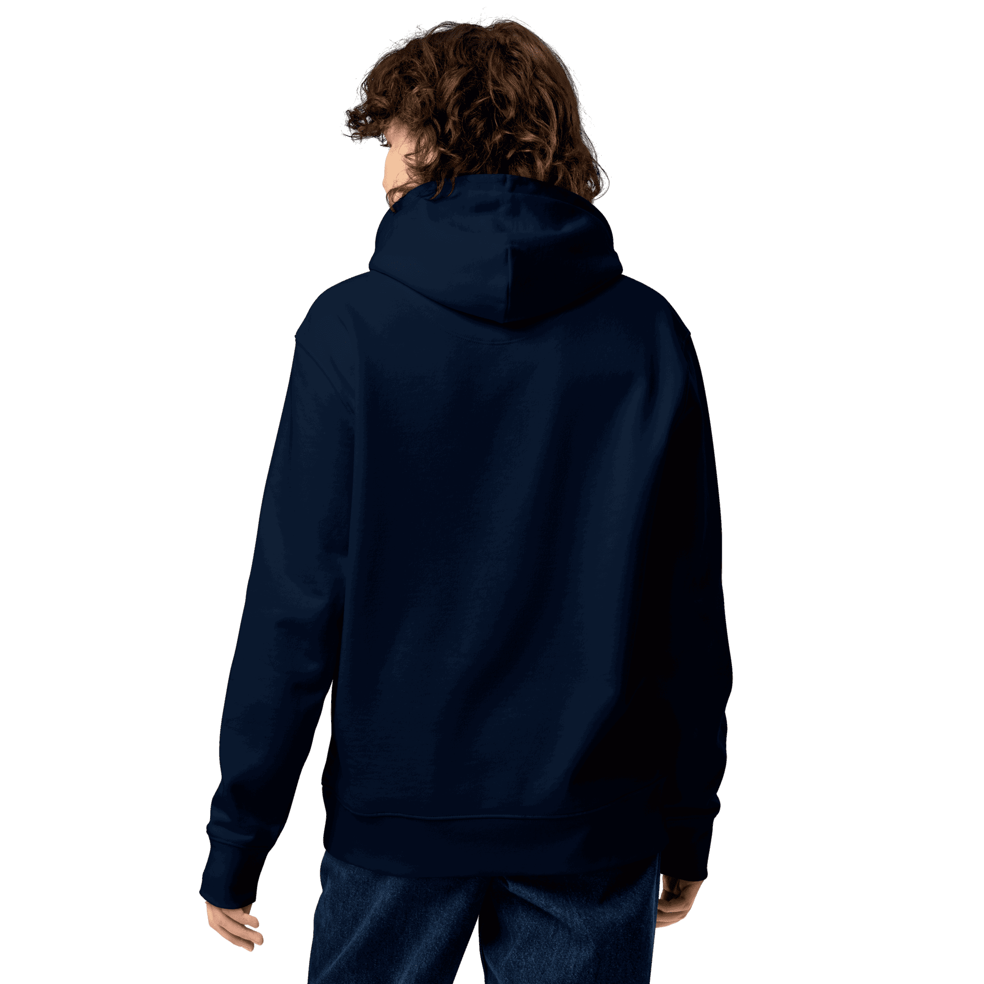 Rückseite des Lama Del Rey Hoodies in French Navy, getragen von einer Frau.