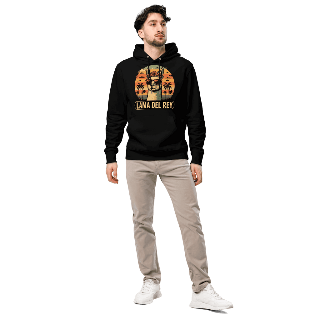 Mann trägt den coolen Lama Del Rey Hoodie in Schwarz im Profil.