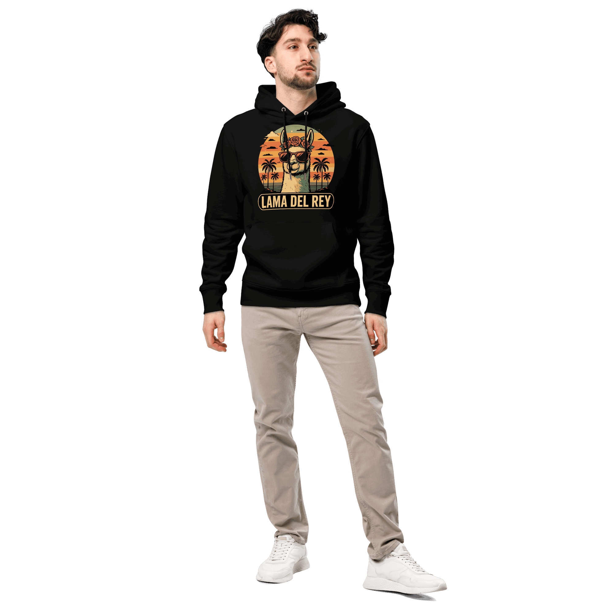 Mann trägt den coolen Lama Del Rey Hoodie in Schwarz im Profil.
