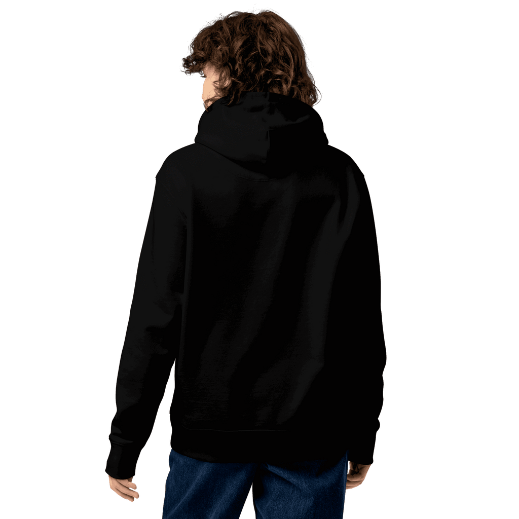 Rückseite des Lama Del Rey Hoodies in Schwarz, getragen von einer Frau.