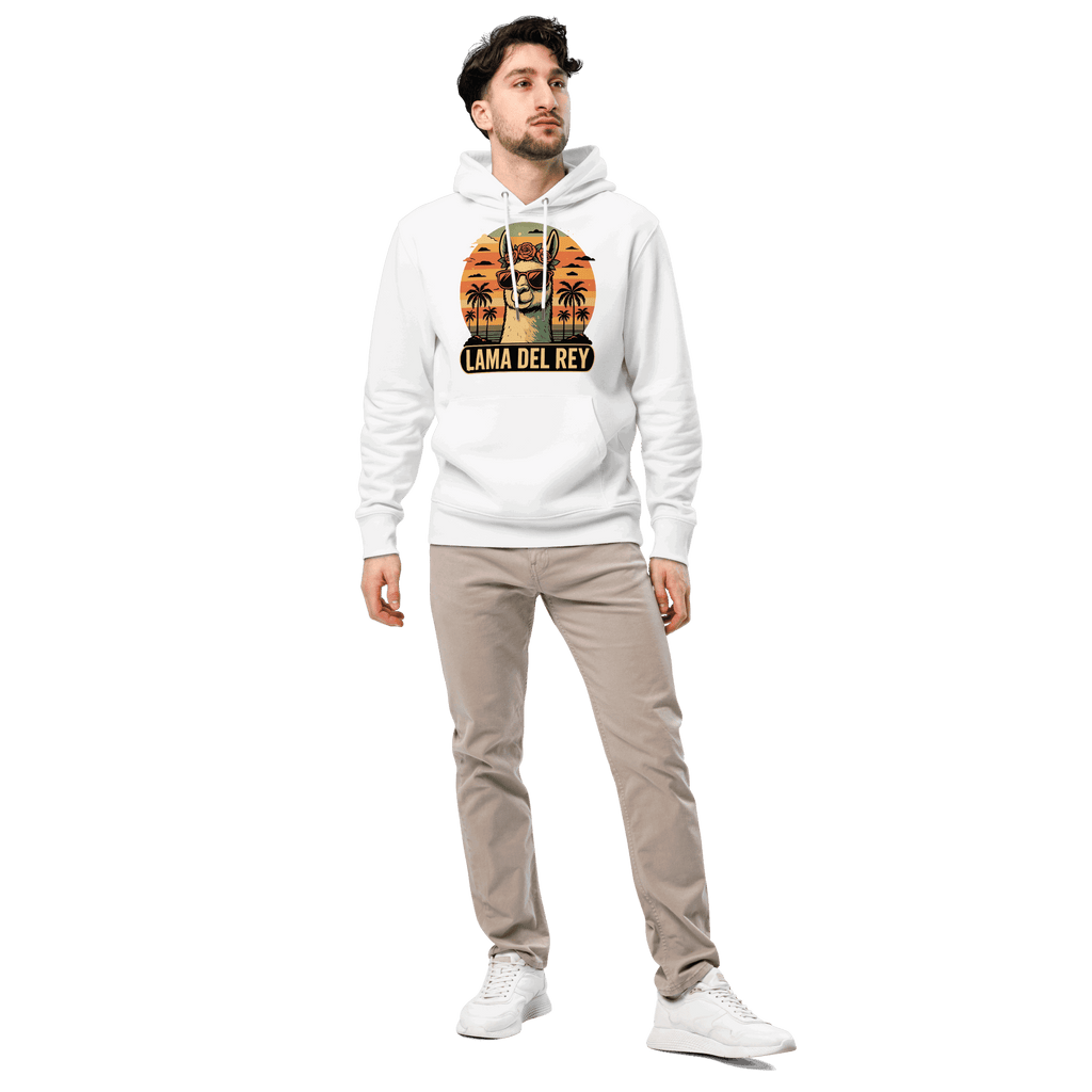 Mann trägt den coolen Lama Del Rey Hoodie in Weiss im Profil.