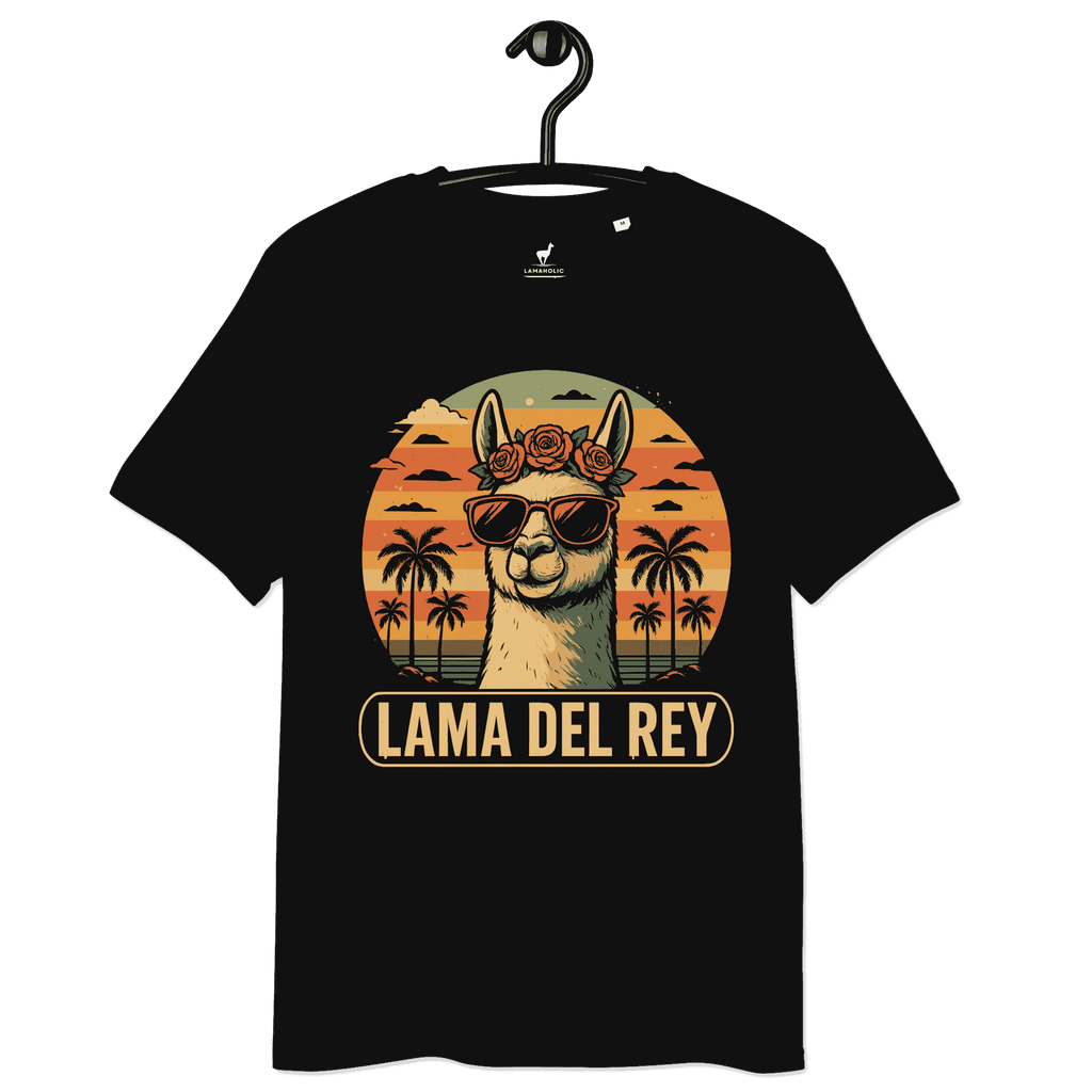 Vintage Musik Parodie t-shirt in Schwarz mit Lama-Design, auf einem Kleiderbügel präsentiert.