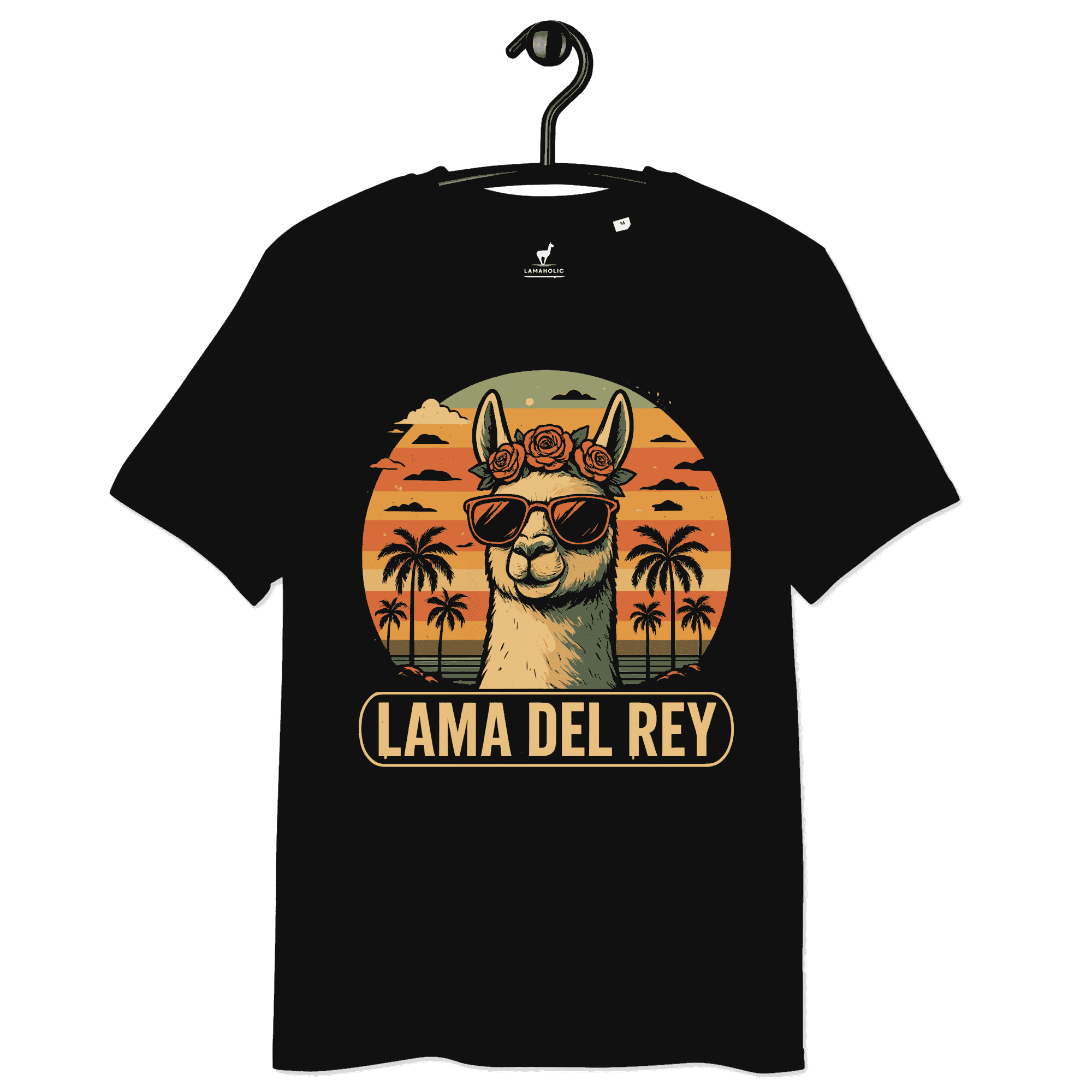 Vintage Musik Parodie t-shirt in Schwarz mit Lama-Design, auf einem Kleiderbügel präsentiert.