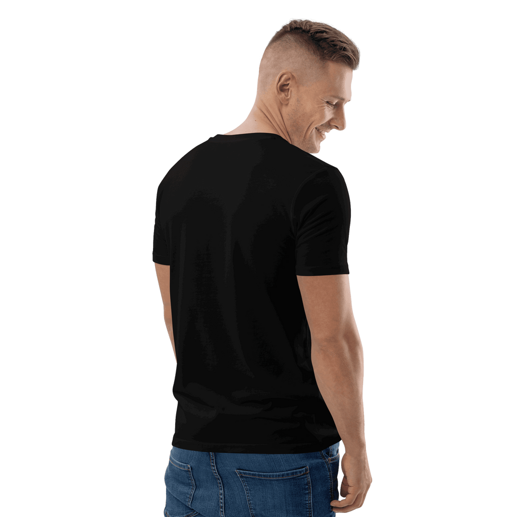 Rückseite des Musik Parodie parody t-shirts in Schwarz, getragen von einem männlichen Model.